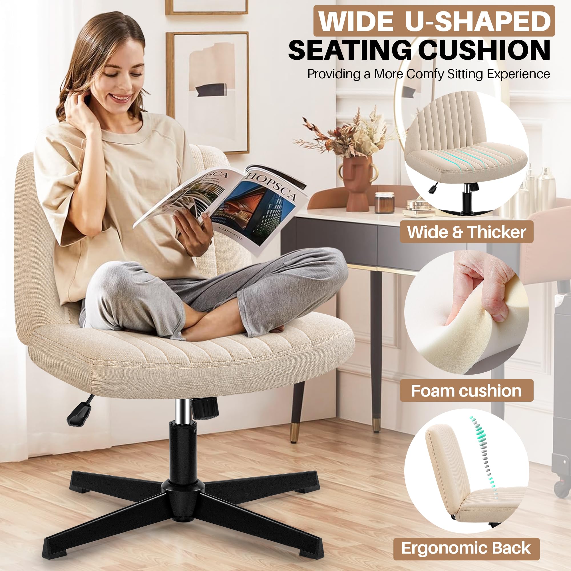 Cross Legged Chair Armless Office Chair No Wheels, Ergonomic Wide