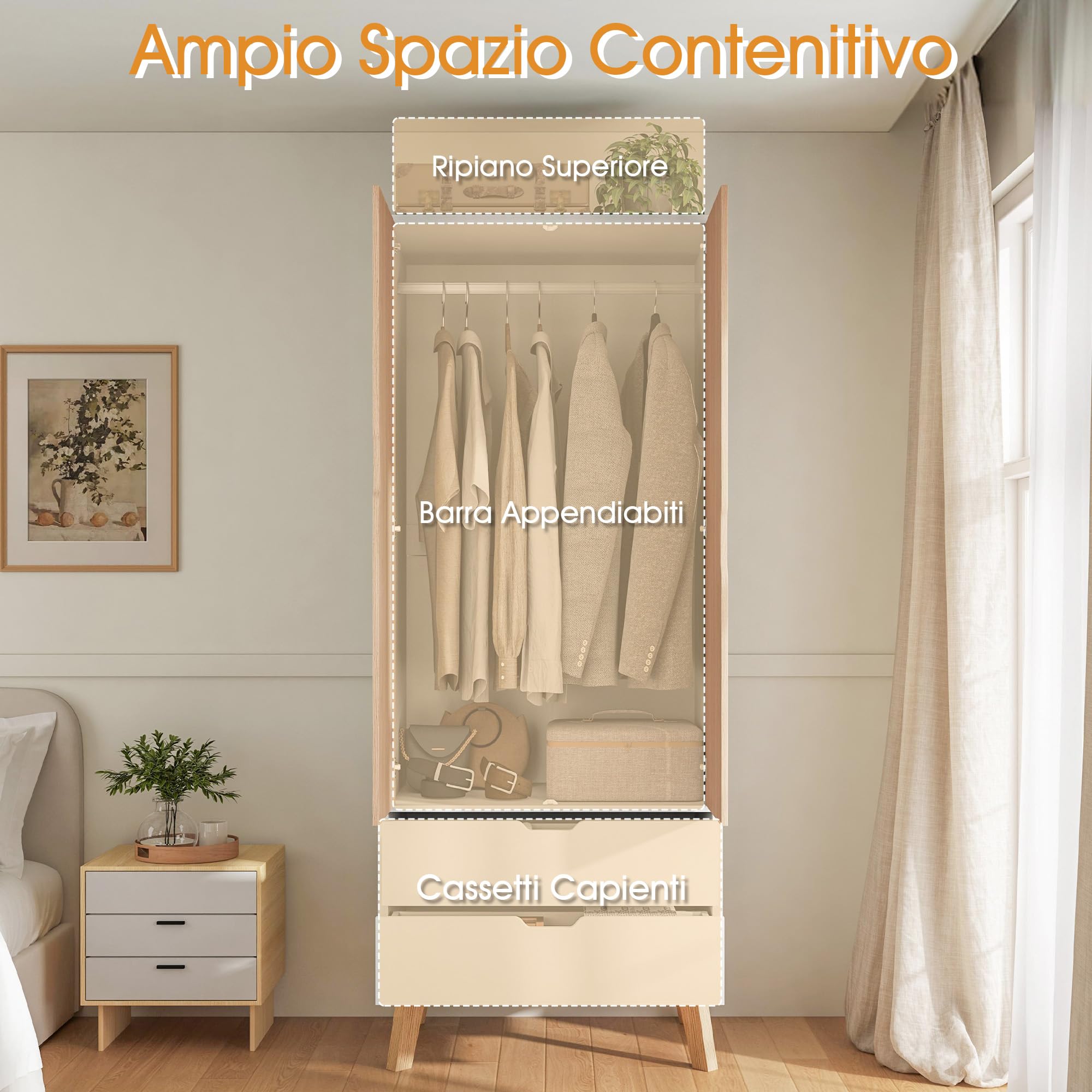 LUXOAK Armario Ropero para Dormitorio con 2 Puertas y 2 Cajones, Blanco y Efecto Madera, con Barra para Colgar, 198 x 76 x 50 cm