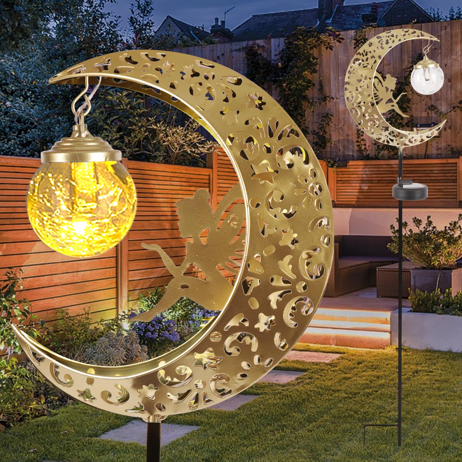 Luces solares impermeables para exteriores, luces de cristal agrietadas con decoración de ángel de metal para pasarela, patio o jardín, regalos para mamá, abuela y amigos