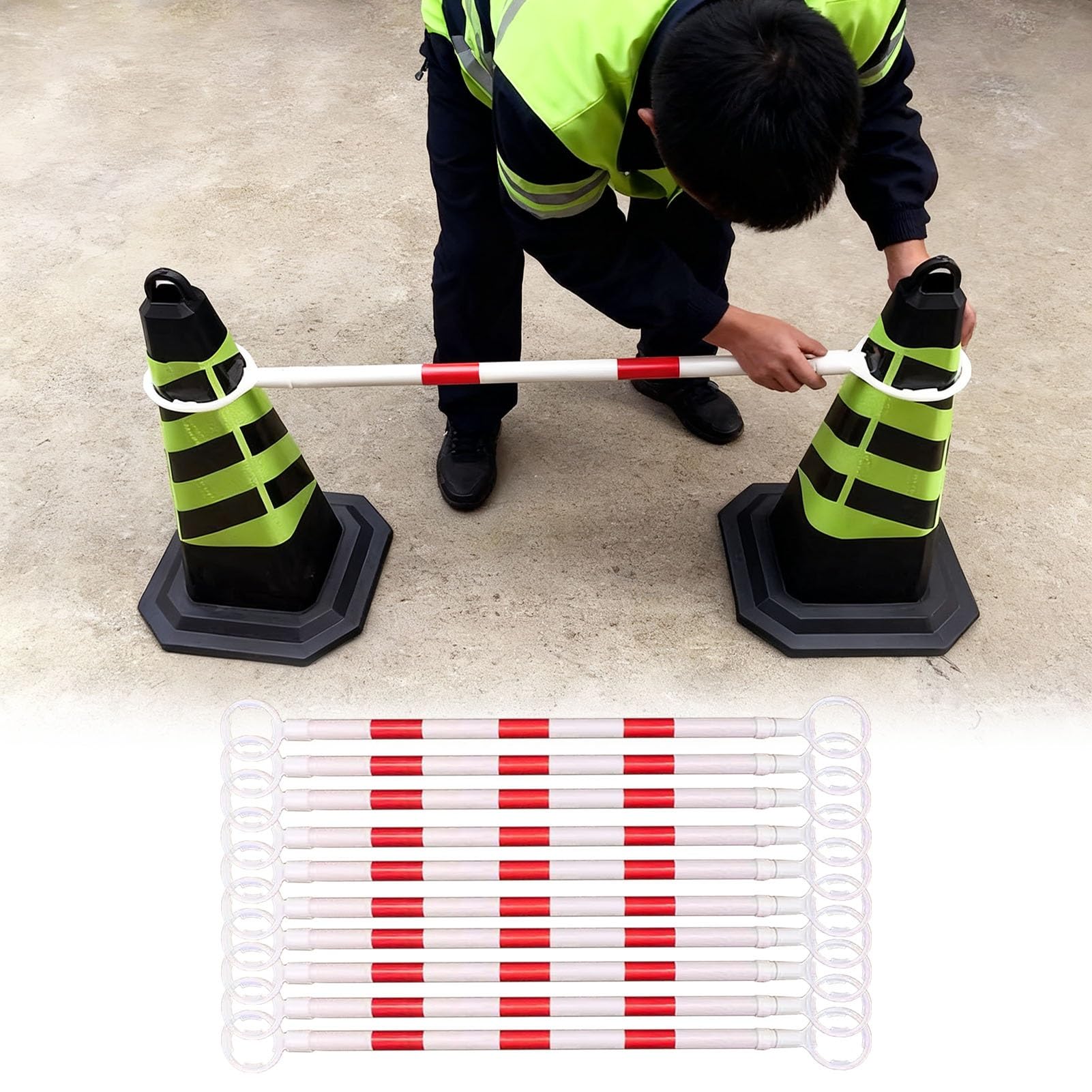 Barres de Cônes de Circulation Cônes de Signalisation Routière pour Barricades, Barres Télescopiques avec Film Réfléchissant, Poteau de Raccordement pour Cônes de Chantier(Ring 9 cm (3 1/2“),10pcs)