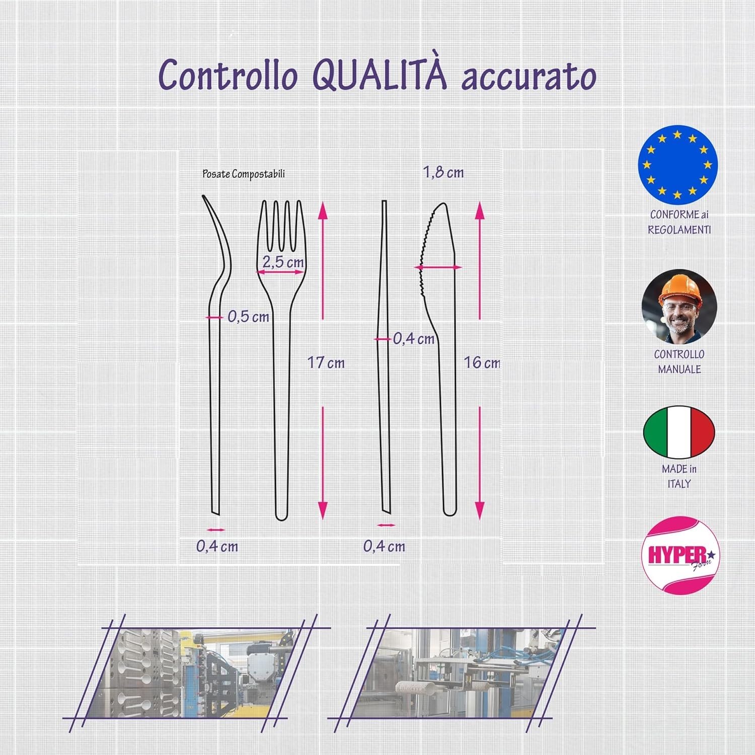 HYPER form Set Posate Biodegradabili e Compostabili con Forchetta e Coltello, imbustato singolarmente con Tovagliolo, Bis 100 Pezzi, Made in Italy (100)