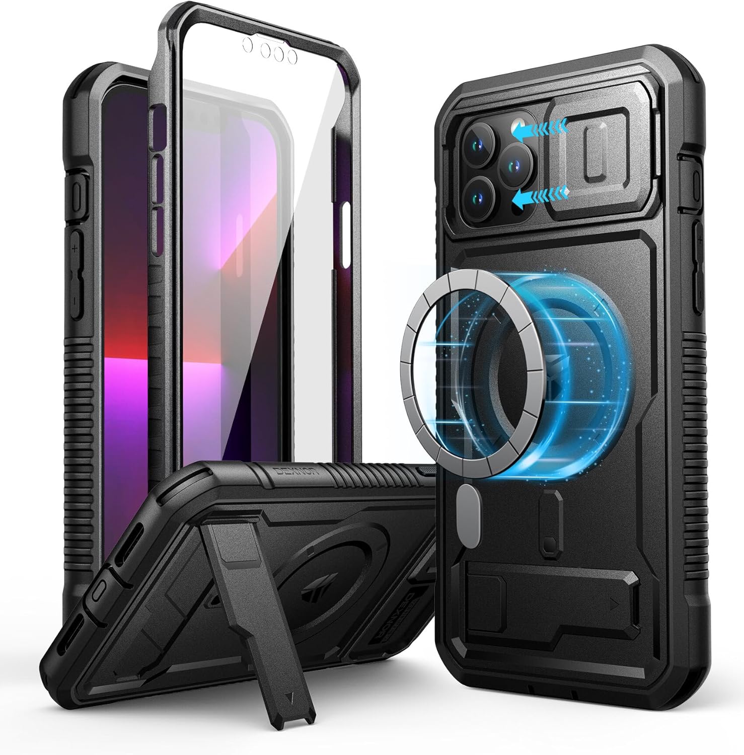 Dexnor for iPhone 13 Pro Max Case with Camera Cover, Compatible with MagSafe, Built-in Screen Protector, Heavy-Duty Shockproof Full-Body Rugged Protective Magnetic Cover with Kickstand, Black