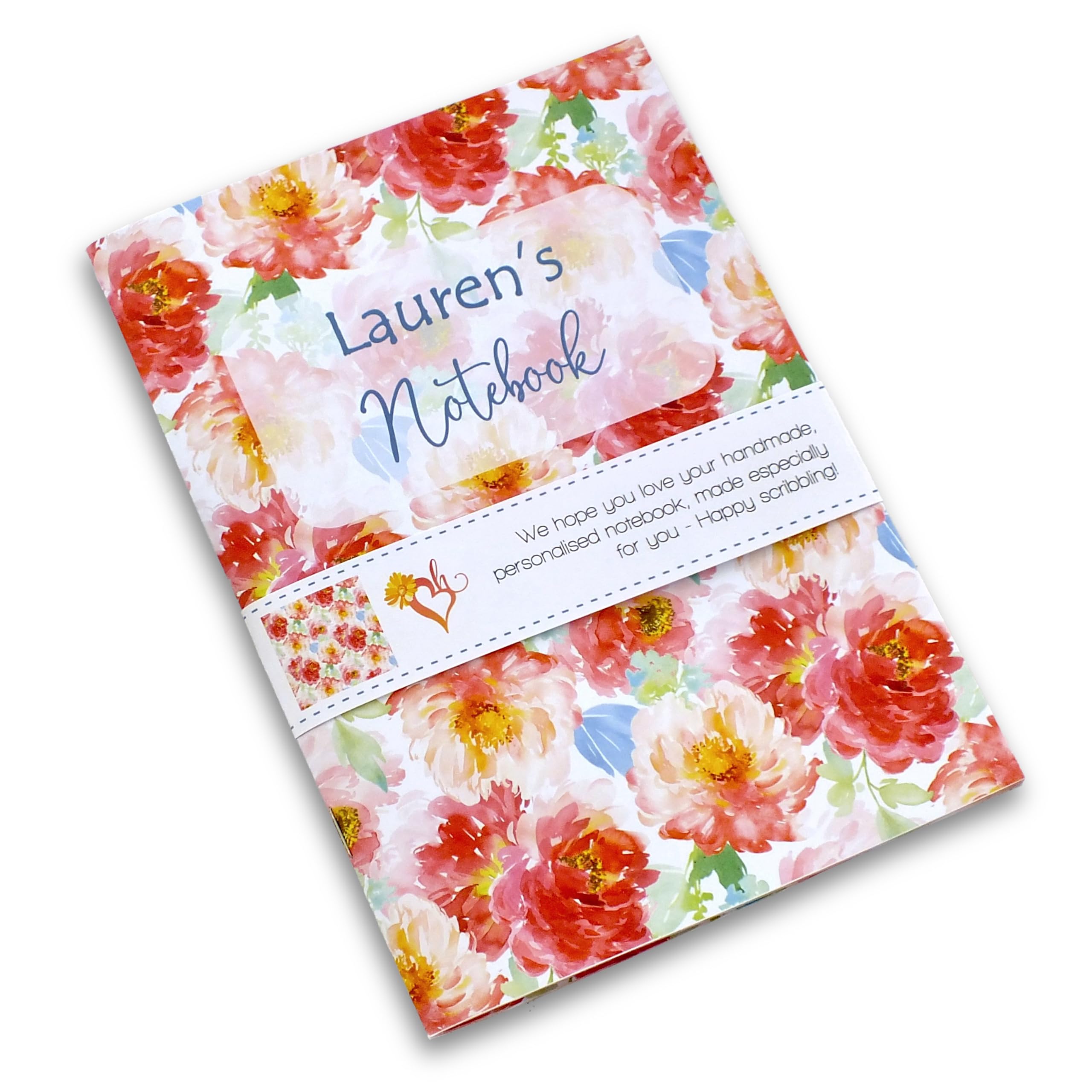 Bright Heart Design Personalised Notebook, Any Name & Text, Floral A5 Handmade Writing Desk Note Book, Pretty Stationery Gift for Her, Perfect for Mum, Daughter, etc.