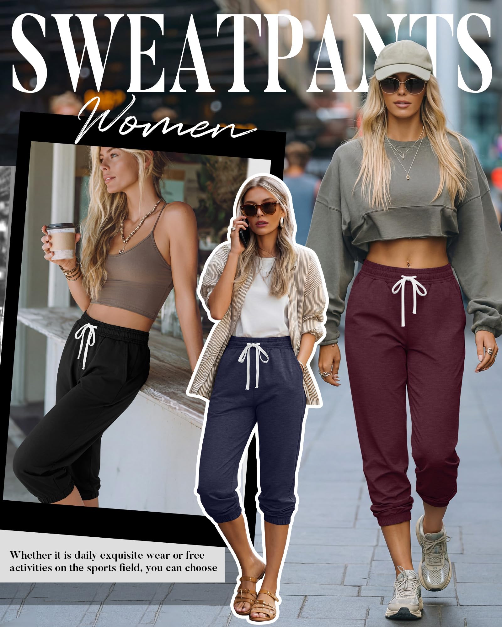 Ficerd 3-teiliges Damen-Capri-Jogginghosen-Set Sommer-Freizeithose Sporthose Cropped-Low-Fit High-Waist sportlich mit Taschen