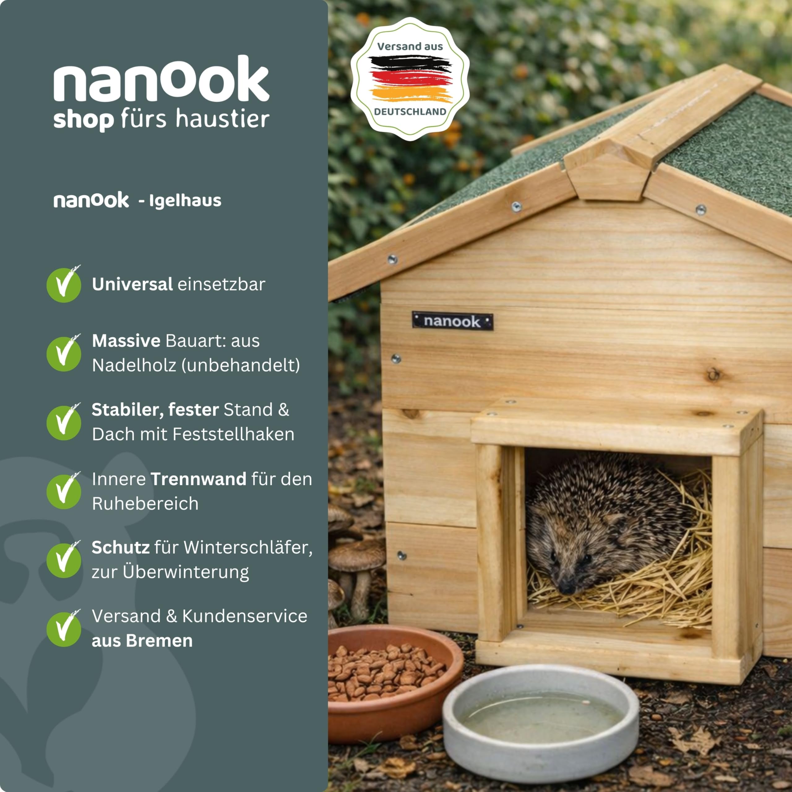 nanook Igelhaus Igelhütte Igelfutterhaus Kleintierhaus Nagerhaus Überwinterung klappbares wetterfestes Dach - ca. 50 x 36 x 31 cm.
