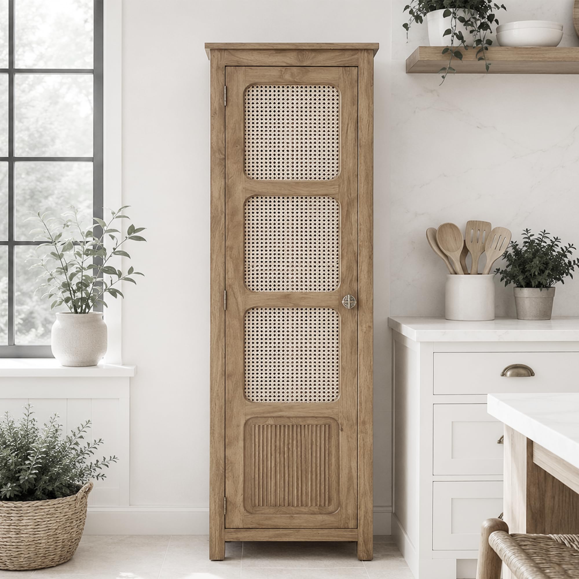The Attic Crestwood 1 Door Kitchen Cabinet, Multipurpose Cabinet for Bedroom Living Room Study bar, Solid Wood Bookshelf Kitchen Cabinet, Light Teak Matte Finish Cane-image-28