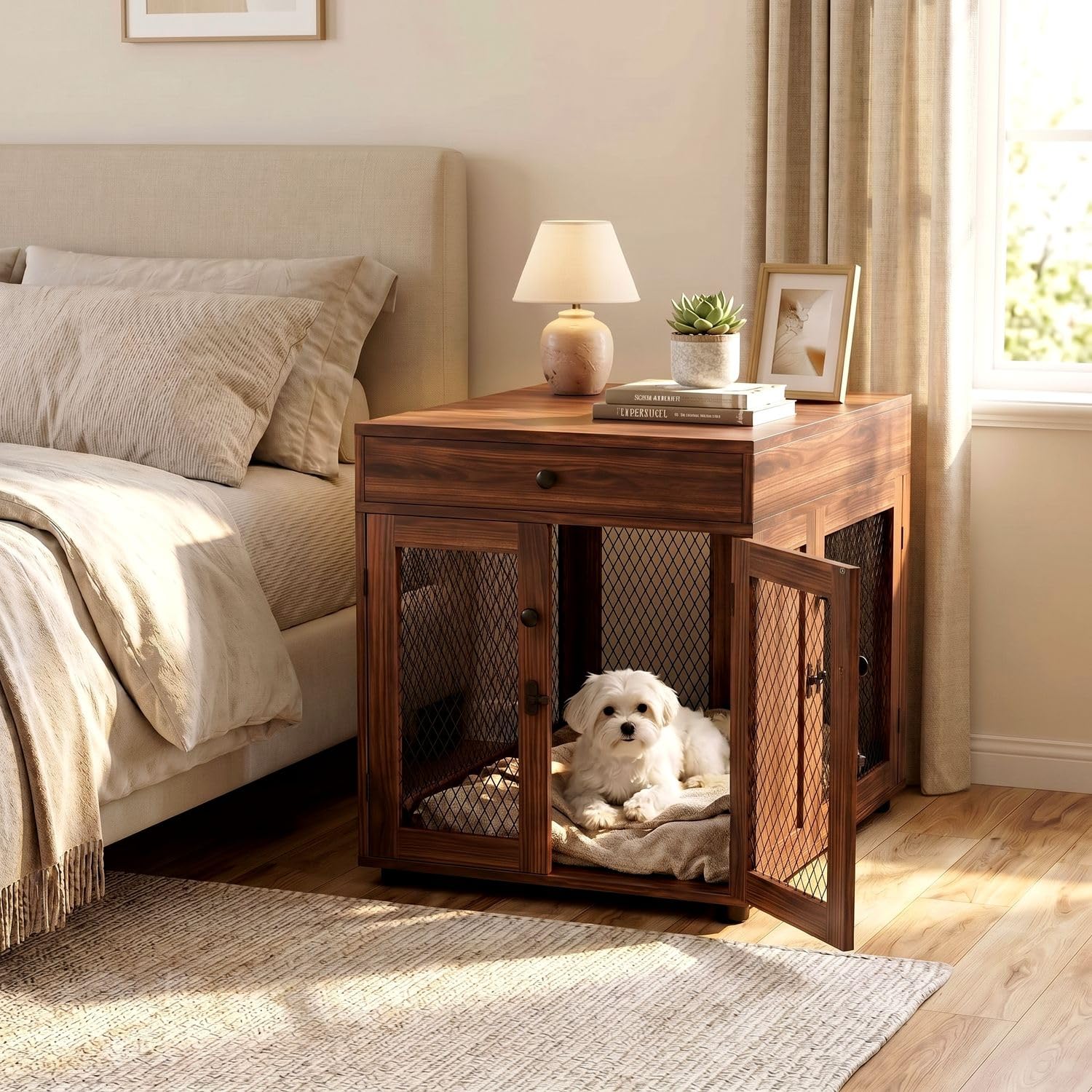 VOWNER Mobili per Cuccia per Cani, Gabbia in Legno a 3 Ante con Cassetto, Cuccia Moderna con Tavolino, 60 x 80 x 69 cm, per Cani di Piccola/Media Fno a 30 kg, Marrone Noce