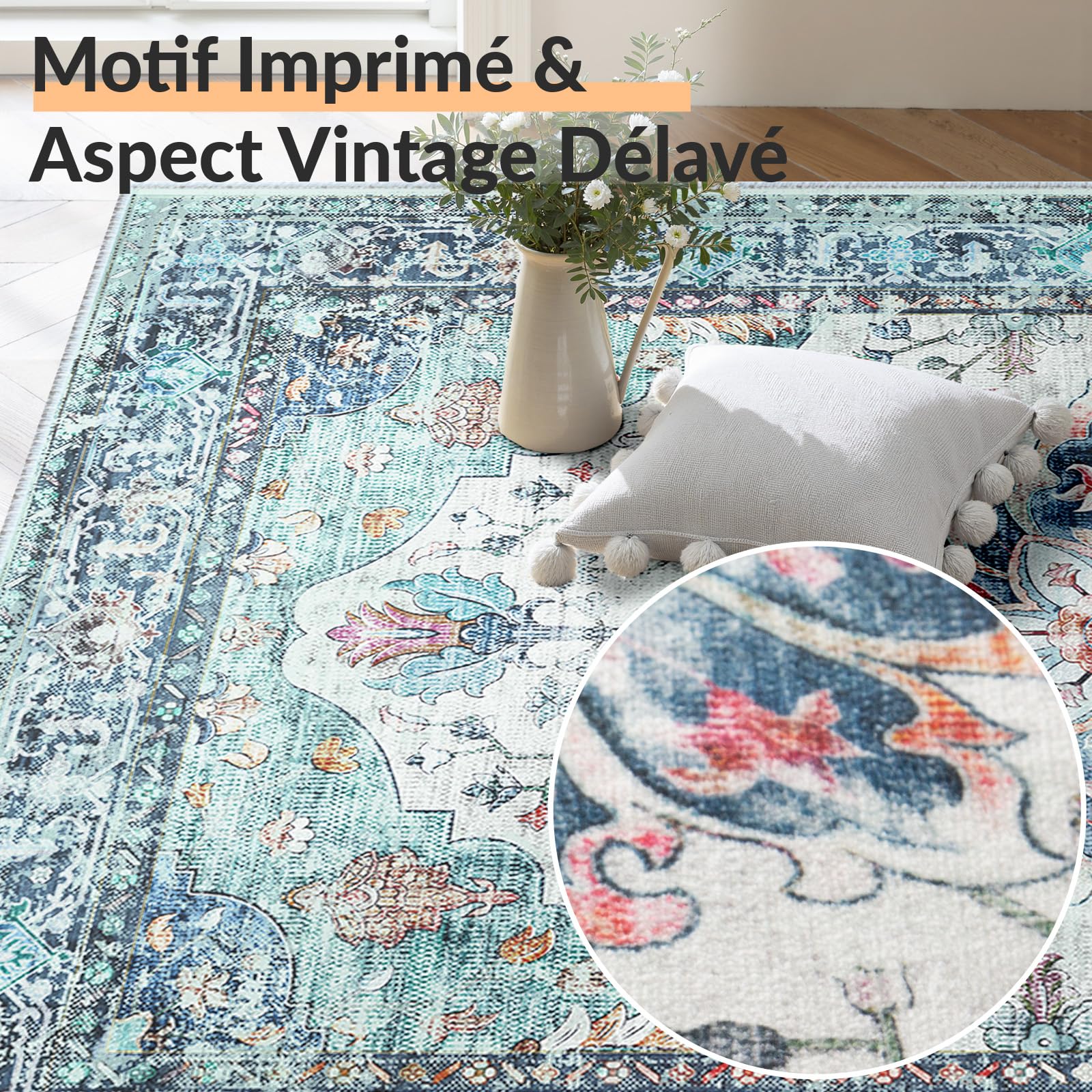 INOVADAY Tapis de Salon Lavable en Machine 150x210 cm Vintage à Faible Poil Antidérapant avec Motif Imprimé Tapis Chambre pour la Chambre à Coucher, Le Bureau à Domicile, Bleu/Vert/Marine/Rouge