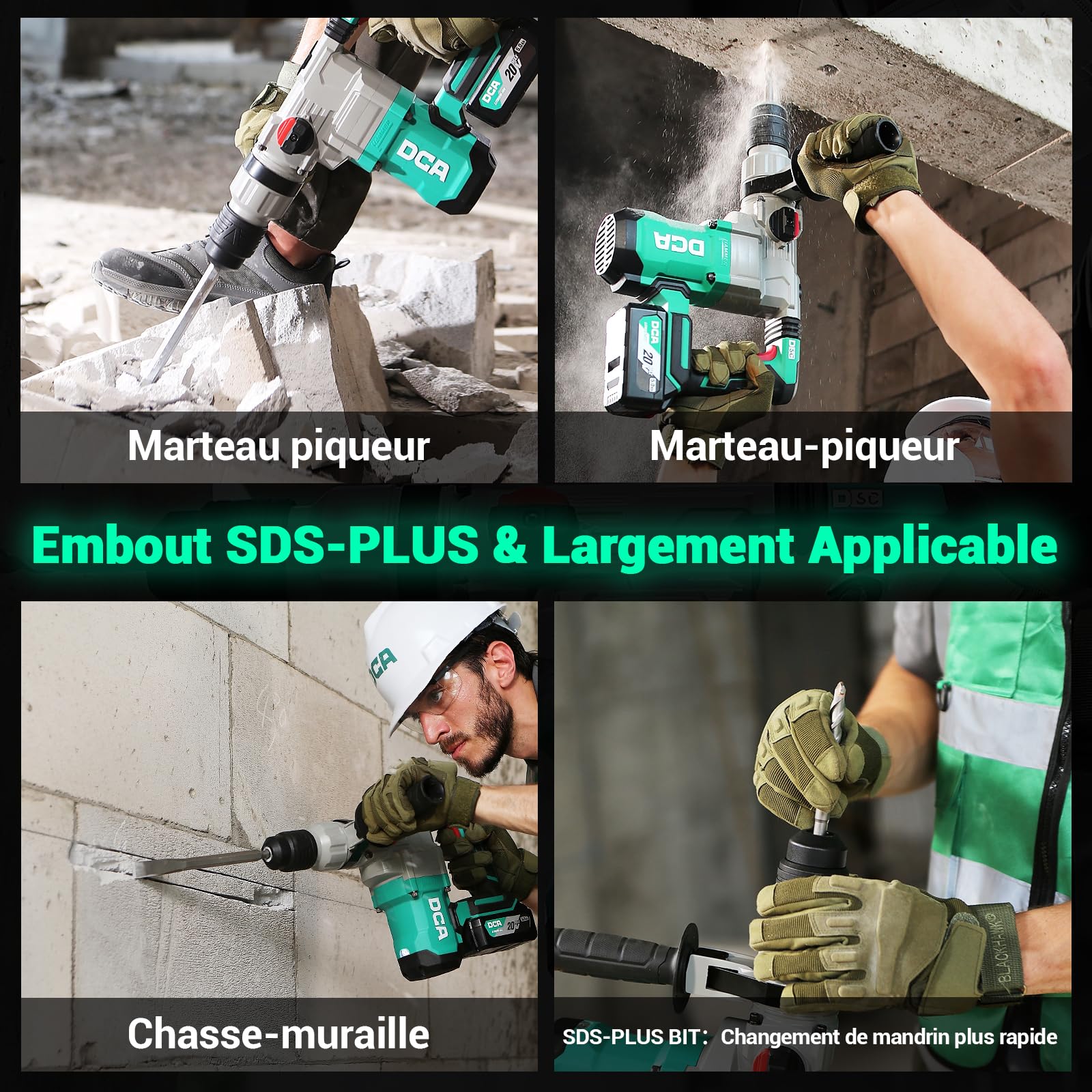 DCA Marteau Perforateur Sans Fil 20V, 4.5 J d'énergie de Frappe et 3800 BPM, 4 Pièces 28mm SDS-Plus, Moteur Sans Balais Marteau Perforateur Haute Performance, Batterie 5.0Ah, Chargeur Rapide 4A