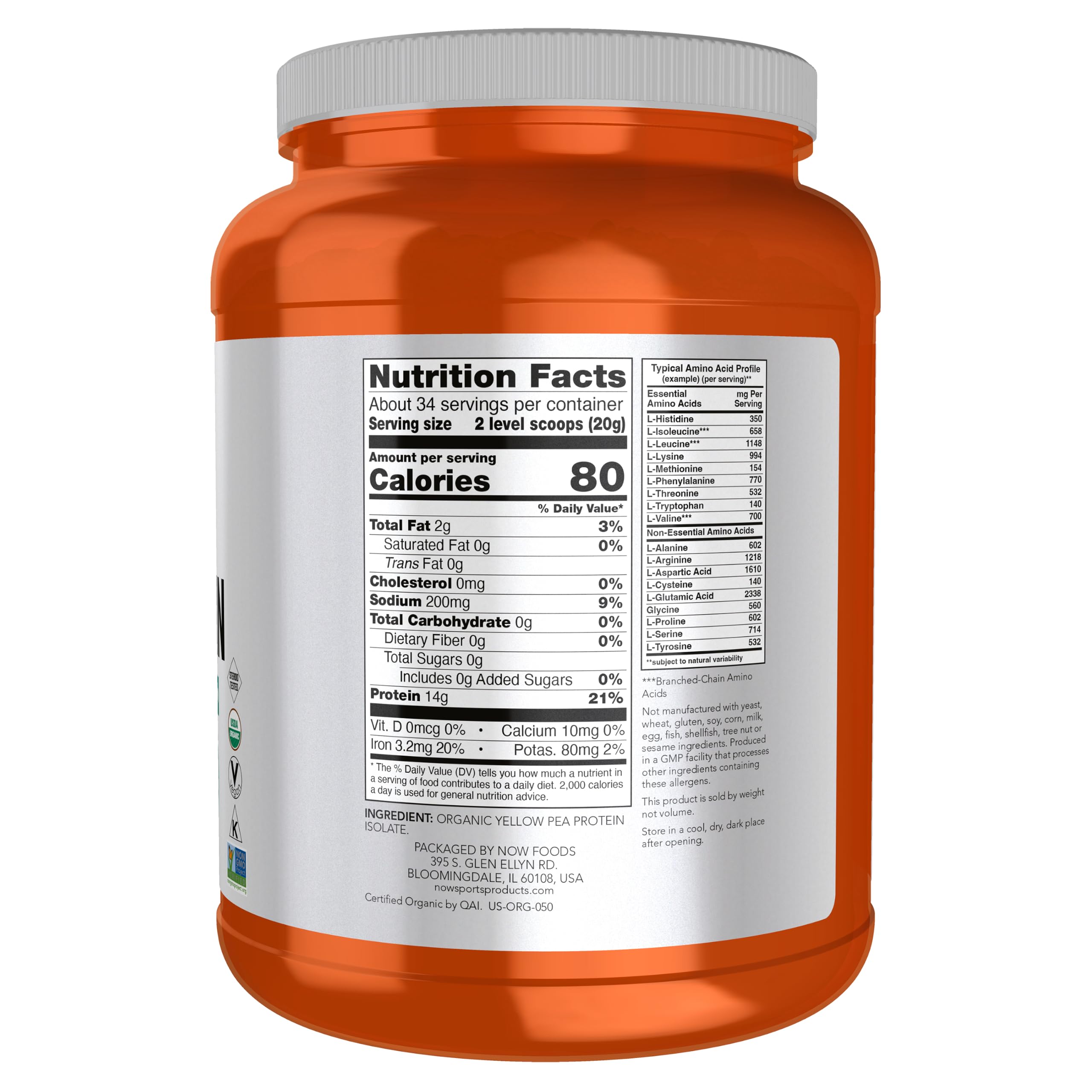 NOW Sports, Certified Organic Pea Protein 14g, Unflavored Powder, 1.5 lbs — Amazon image 2