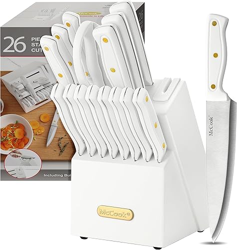 McCook Juego de cuchillos, juego de cuchillos de cocina de acero inoxidable de alto carbono blanco con afilador incorporado