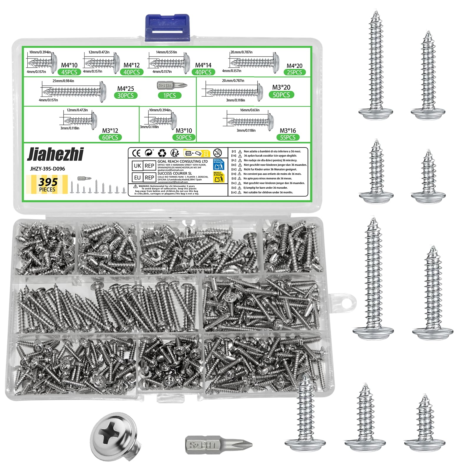 Jiahezhi 395Pcs Self Tapping Screws Set M3 M4 Silver Wood Screws Assortment
