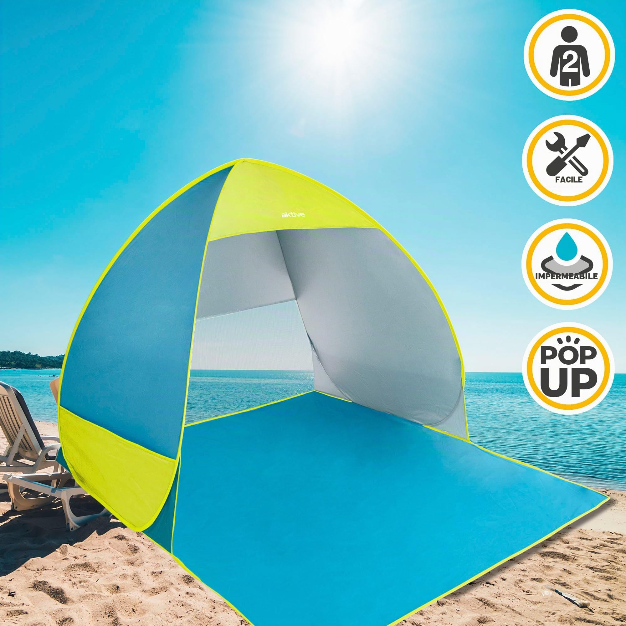 AKTIVE Tenda da spiaggia pop-up blu e verde, protezione solare UV50, design semi-chiuso con ventilazione, struttura pieghevole leggera, 130x130x110 cm, borsa per il trasporto (62165)