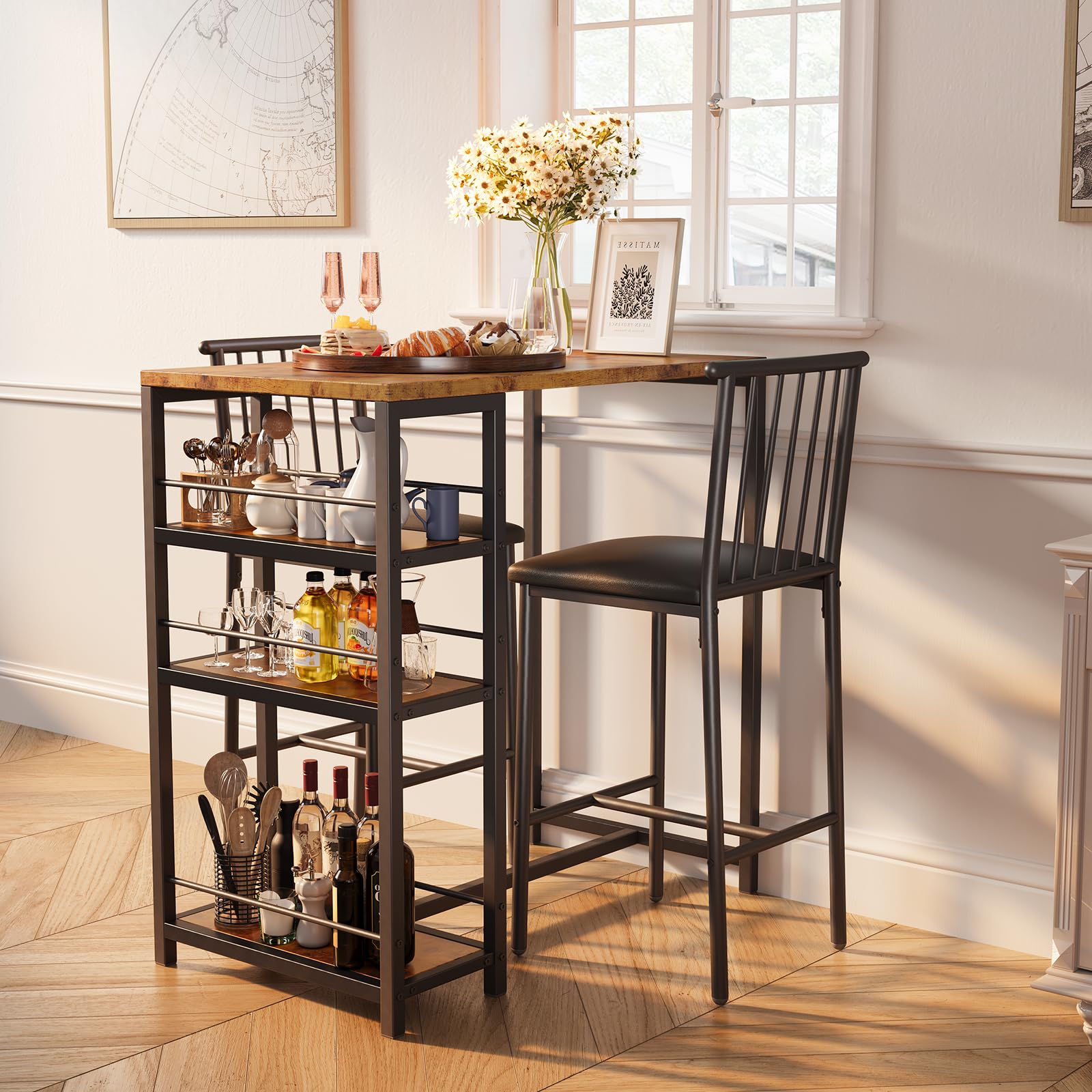 Xbro Ensemble Table de Bar avec 2 Chaises Rembourrées, Table de Bistrot pour Cuisine avec 3 Étagères (Marron)