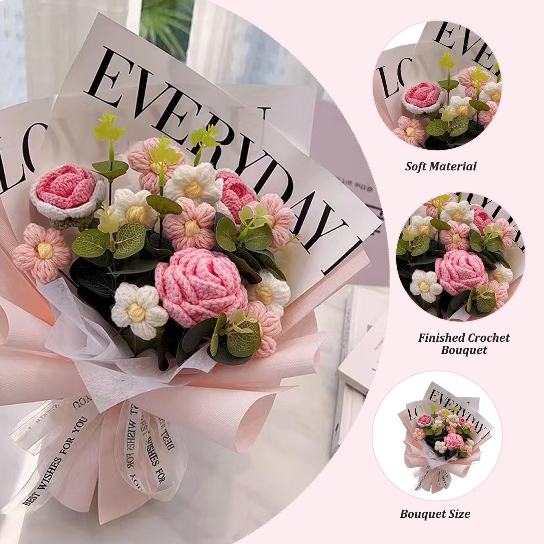 Bouquet de Fleurs au Crochet, Fleurs tricotées réalistes avec Sac pour Fête des Mères, Saint-Valentin