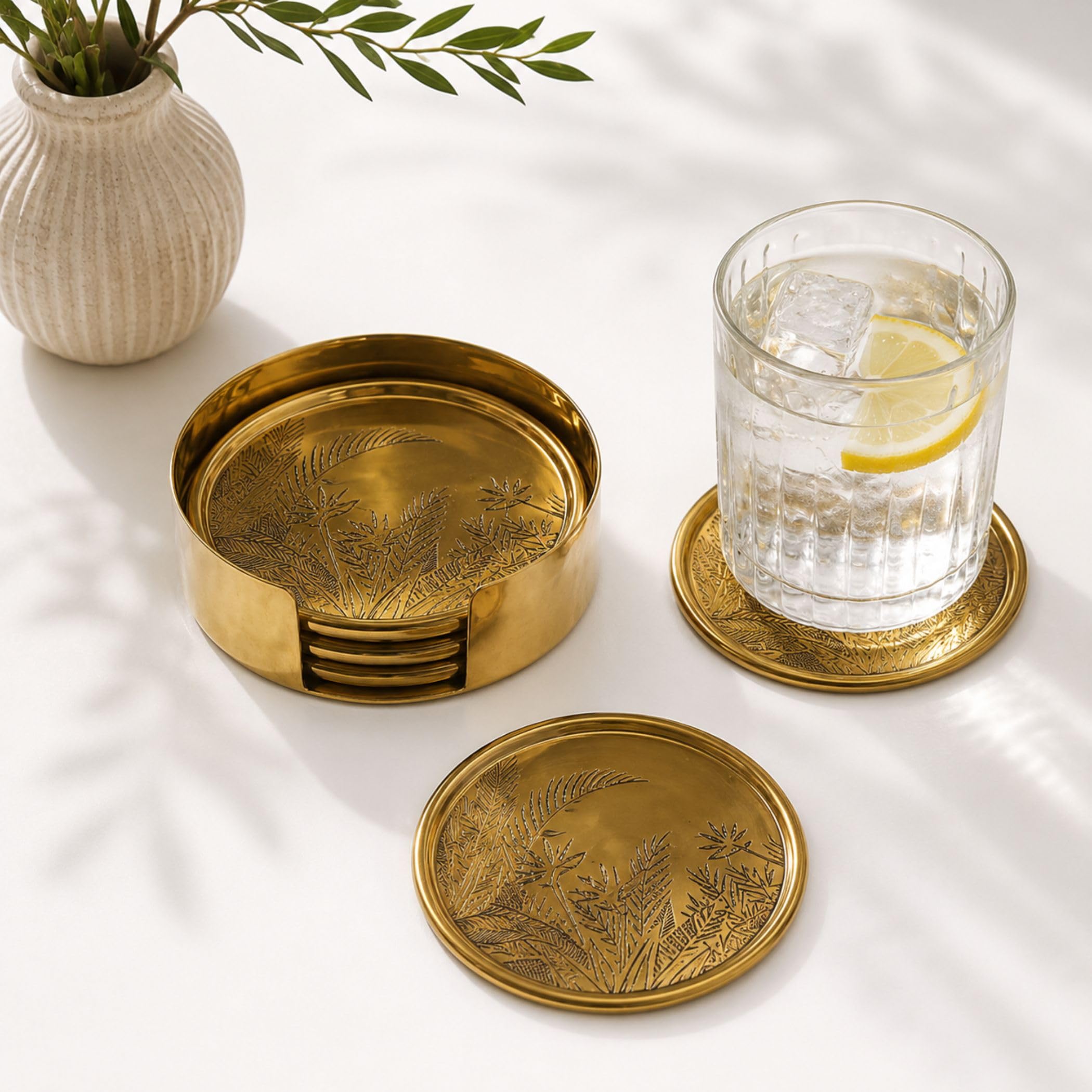 Gold Stainless Steel Coaster Set with Holder, Engraved Leaf Design, Food Grade 304, PVD Finish, Rust Resistant, Set of 6-image-39