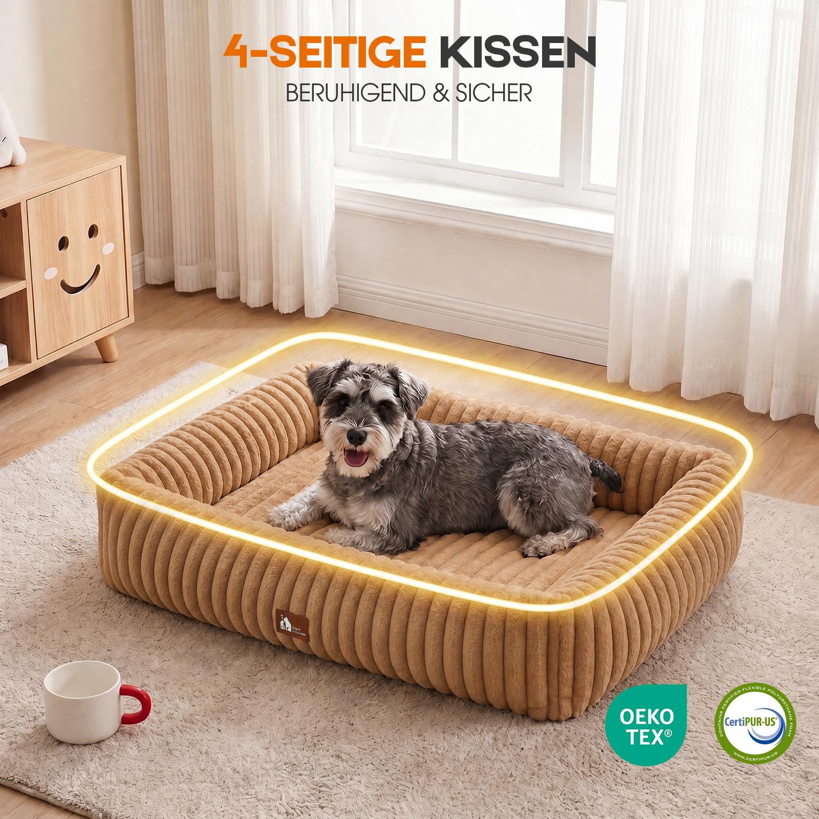 Upvilla Luxusweicher Hundekorb, Super Weiches hundebett Grosse Hunde, 4-seitiges Nackenkissen, Abnehmbare Waschbare Hundematte, Hundesofa mit Griffen, Haustierbett (Warmsand, 109 * 76 * 20cm)