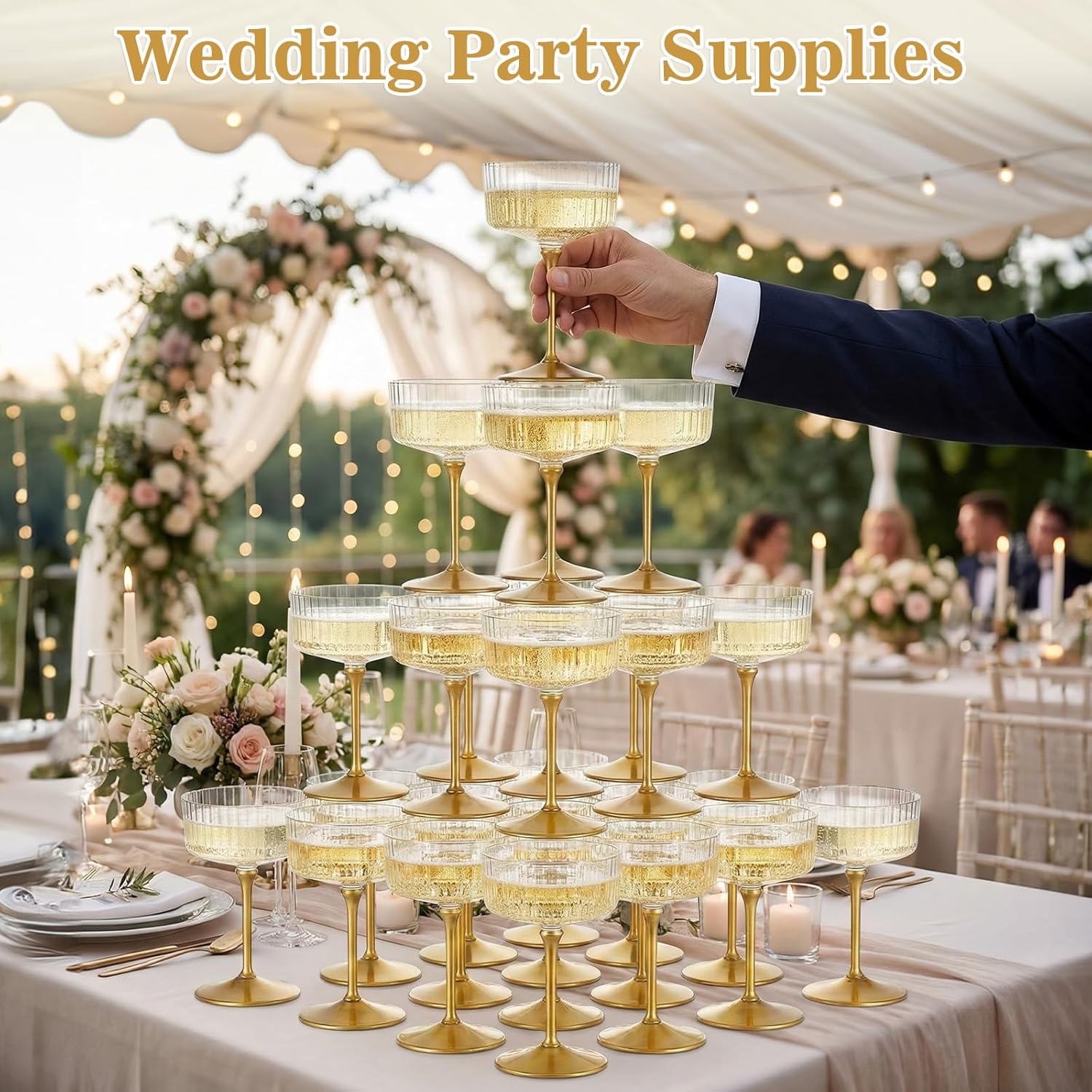 36PCS Plastic Ribbed Martini Glasses, 10oz Disposable Champagne Coupe Glasses with Golden Rim and Stem, Detachable Creative Transparent Striped Vintage Cups Reusable for Wedding Party Supplies