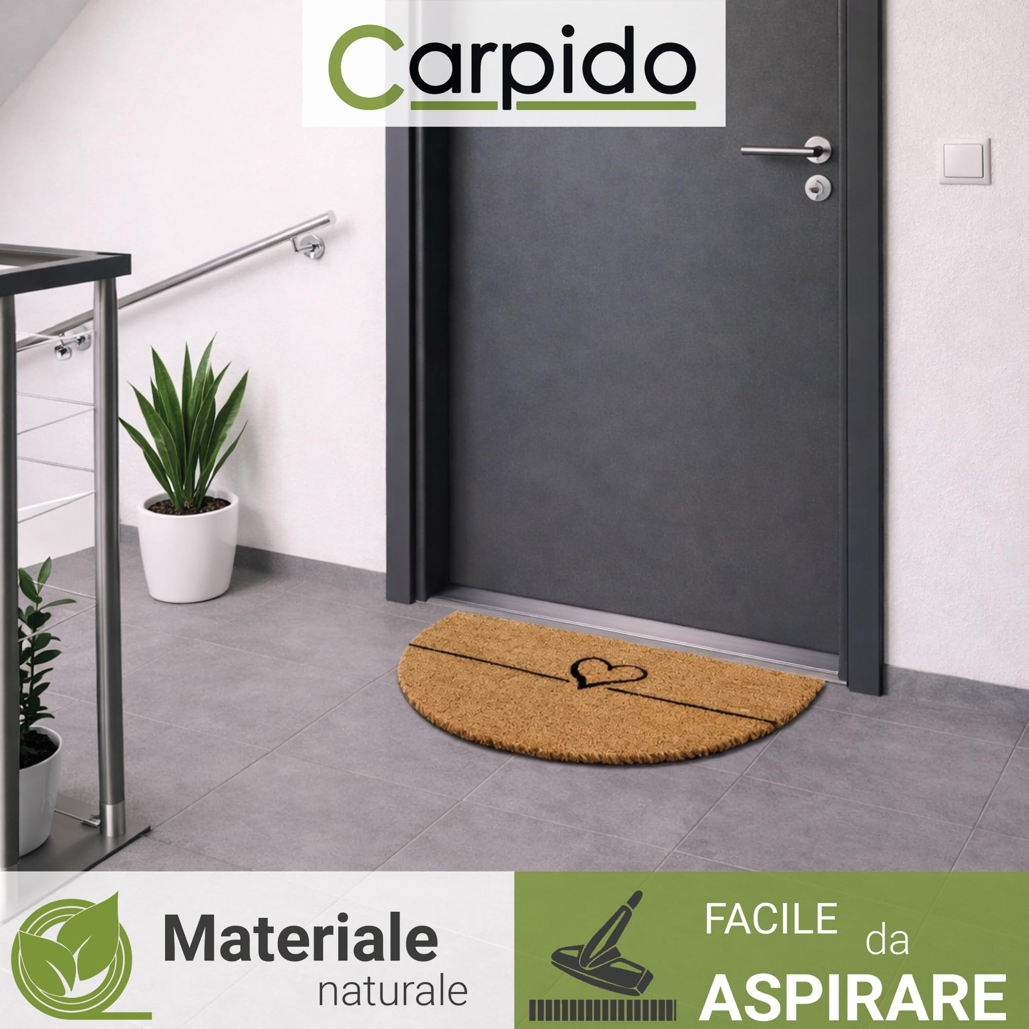 Carpido Zerbino in fibra di cocco a linee semicircolari - clean run 40x60 cm zerbino per porte interne antibatterico in fibra di cocco - materiale naturale