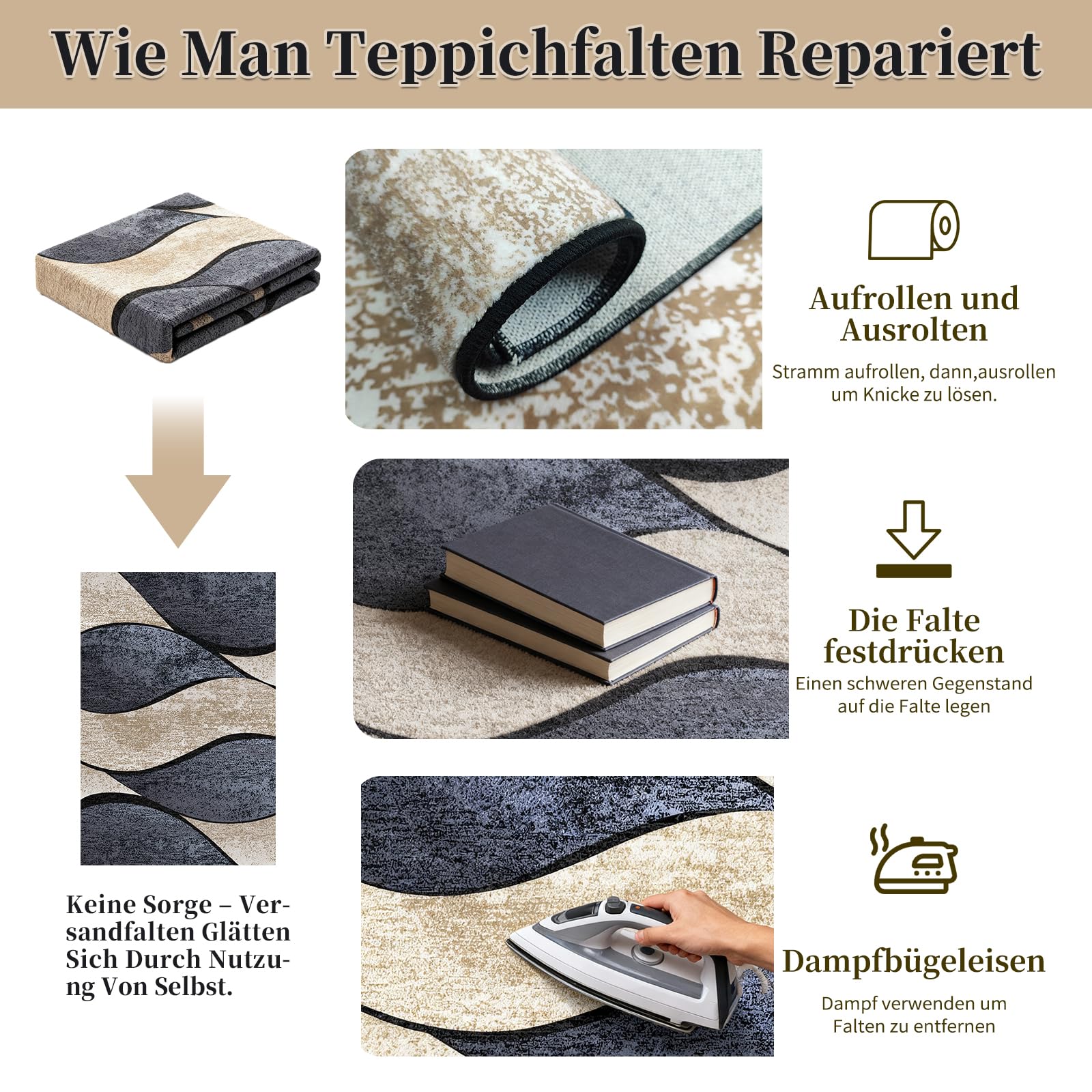 Teppich 160x230 cm, Waschbar, rutschfest, Kurzflor Wohnzimmer Teppich im Modernen Wellenmuster, Pflegeleichter Teppich für Schlafzimmer, Esszimmer, Küche und Büro