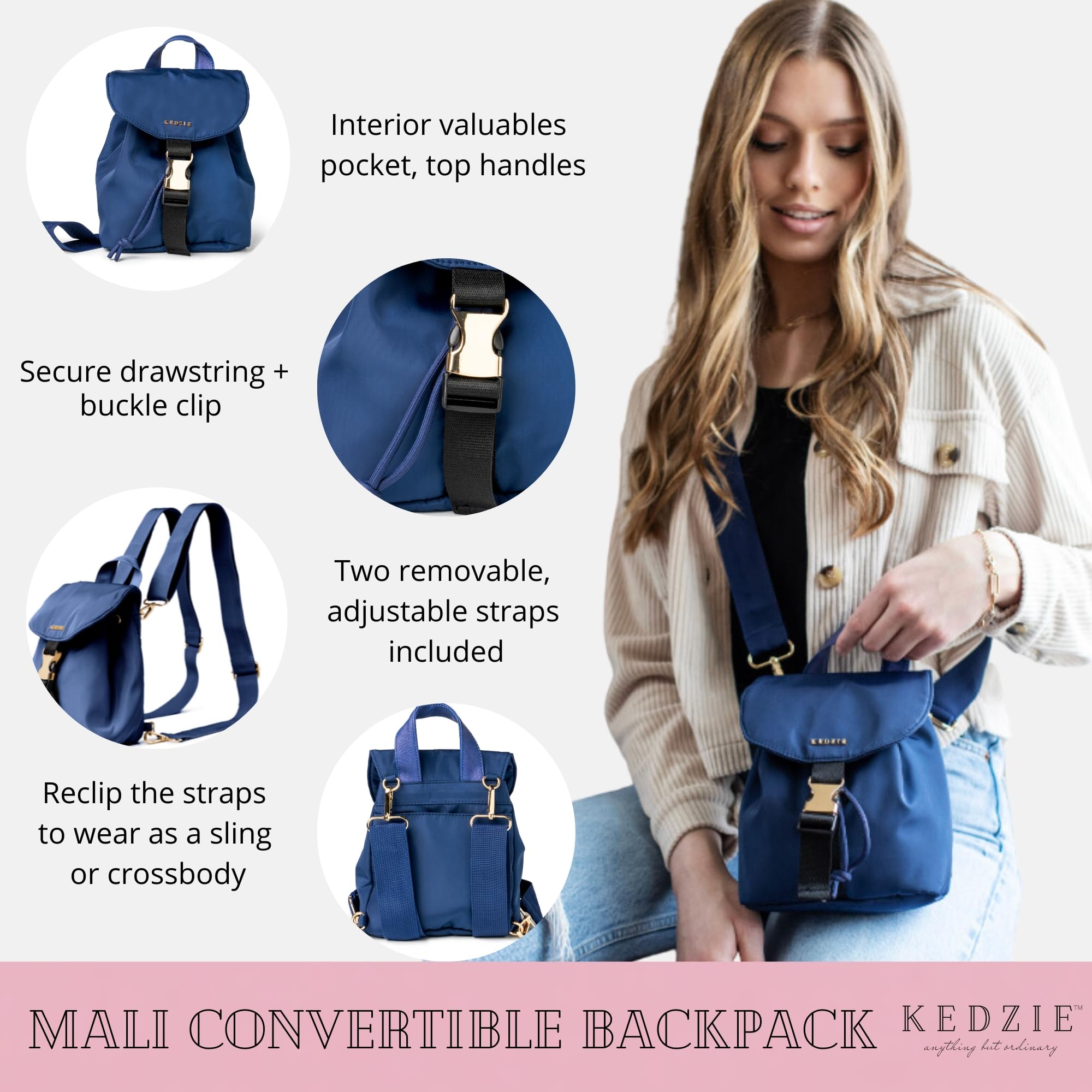 KEDZIE Mali Convertible Backpack Sling Crossbody Bag with Buckle Clip for Women - Navy