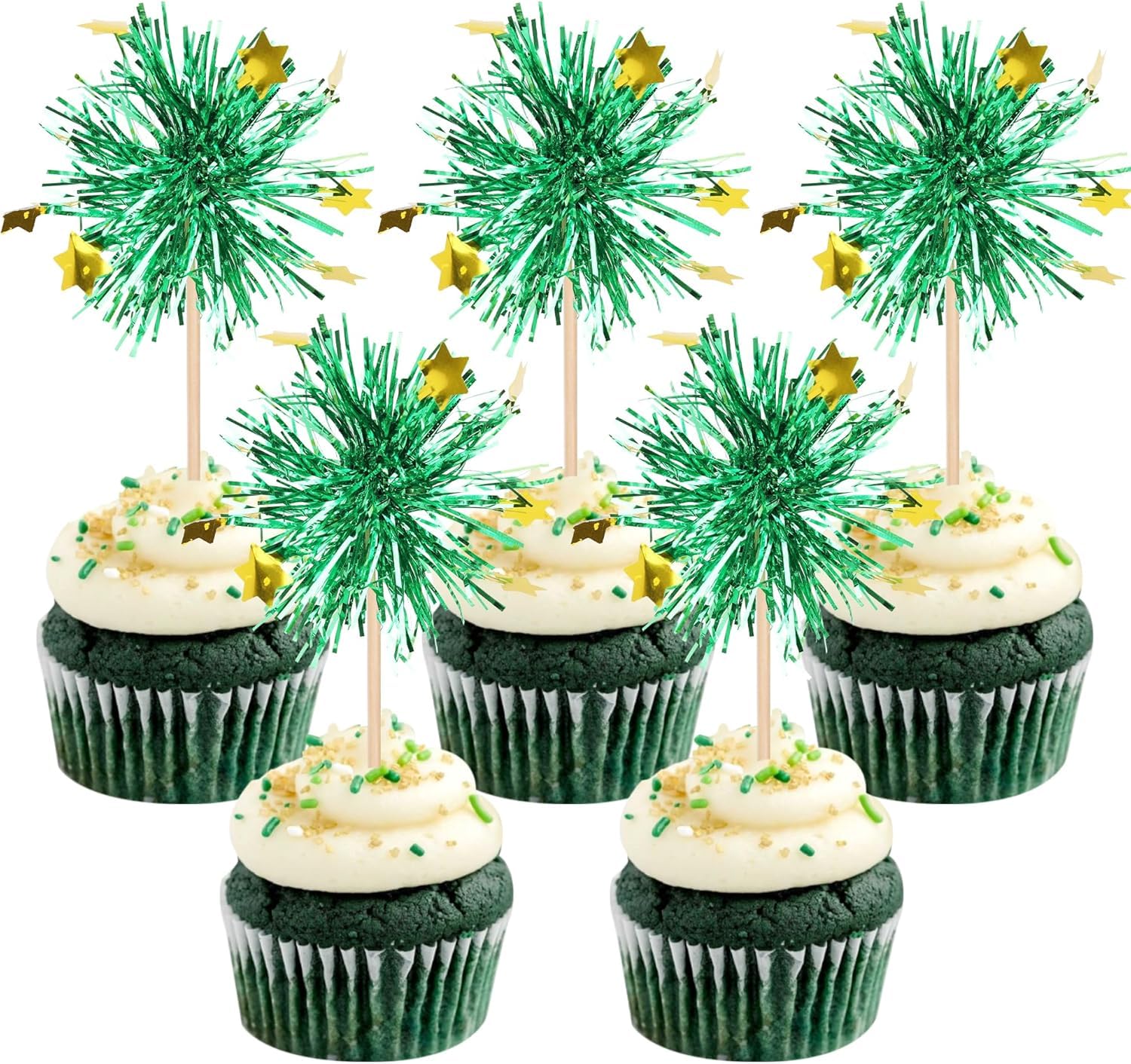 SYKYCTCY 30 Pack Foil Firework Cupcake Toppers Happy Birthday Cake Toppers Star Sparkle Tinsel Flower Drink Stirrers Cocktail Fruit Toothpicks for Birthday Wedding Graduation Party Supplies