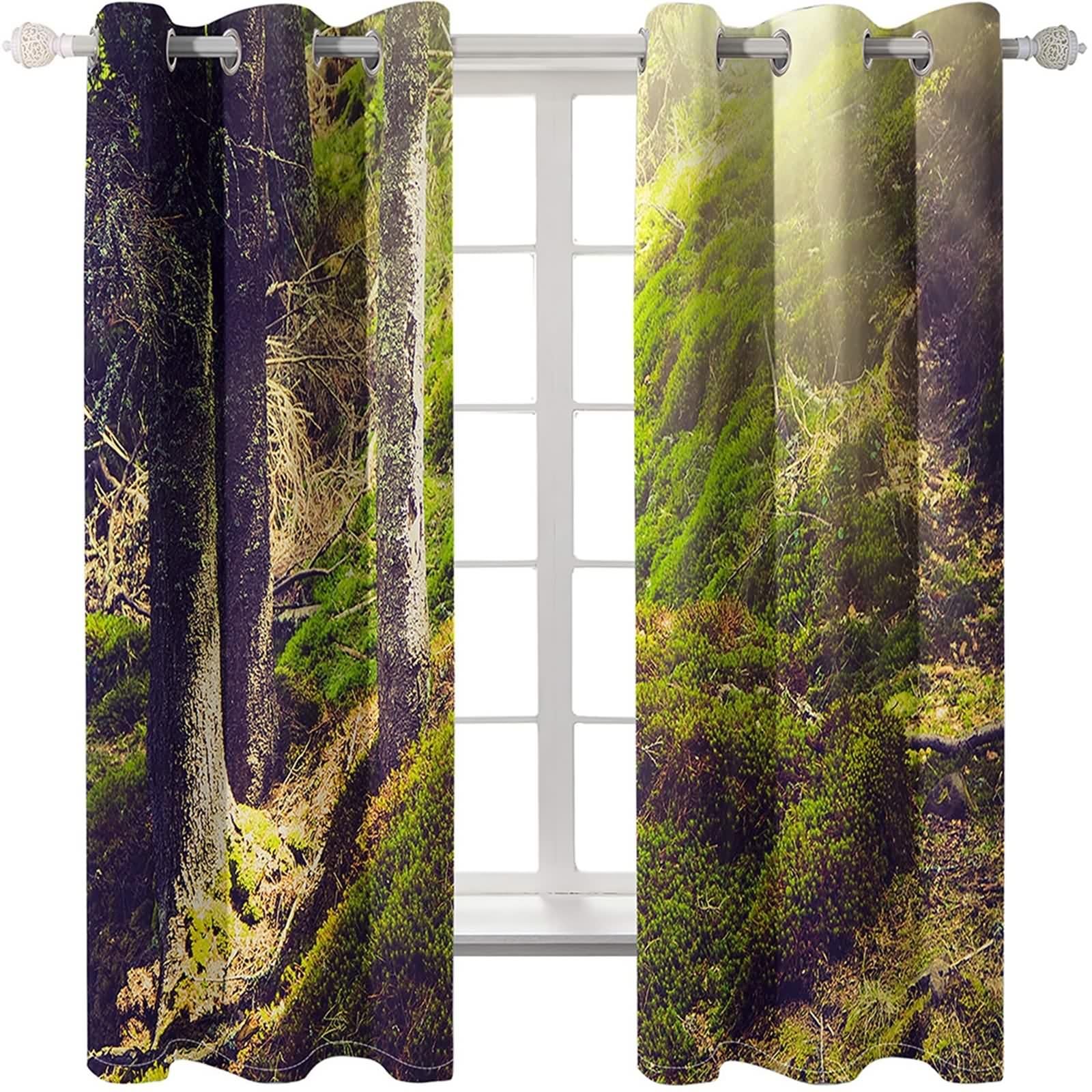 Rideaux Verts, Rideau Cuisine Long Polyester Les Arbres et La Lumière du Soleil 132L x 160H CM Lot de 2
