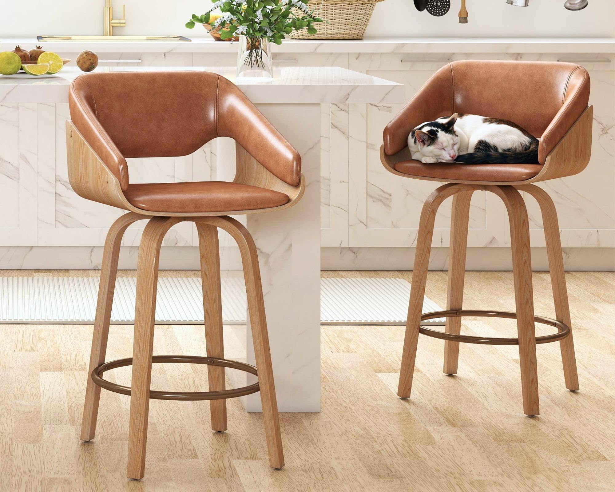 HNY 26 Inch Swivel Bar Stools with Back Set of 2, Brown Faux Leather Upholstered Counter Height Barstools with Solid Bentwood Frame, Round Footrest,