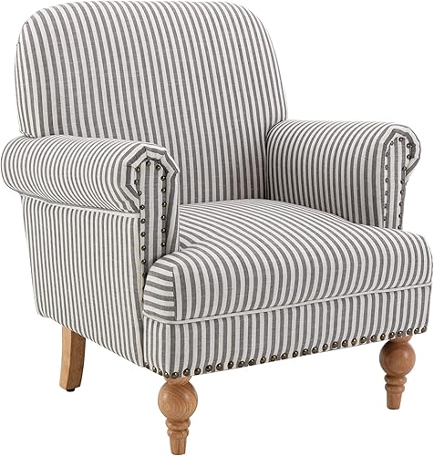 Miniatura 9 de Janoray Silla decorativa de lino de mediados de siglo moderna para sala de estar con ribete de cabeza de clavo y patas de madera, cómoda silla