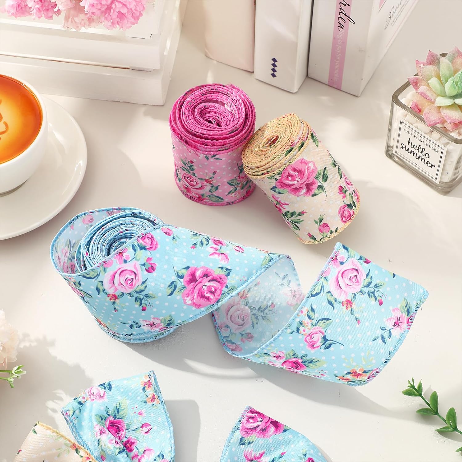 AnyDesign 3 Rolls Floral Wired Edge Ribbon 2.5 Inch Retro Rose Flower Fabric Craft Ribbons for Spring Wreath Bow DIY Craft Gift Wrapping Wedding Birthday Bridal Garden Tea Party Supplies, 18 Yard image 4