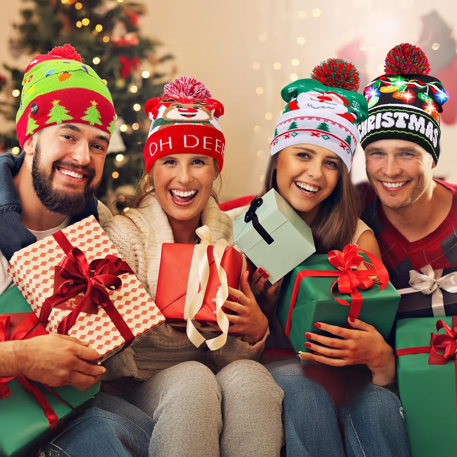 MGparty 8 Pack Christmas LED Beanie Hat and Socks Set Winter Light-Up Knit Hat with Crew Socks for Kids and Adults, Festive Holiday Accessories for Xmas, New Year, and Party Supplies