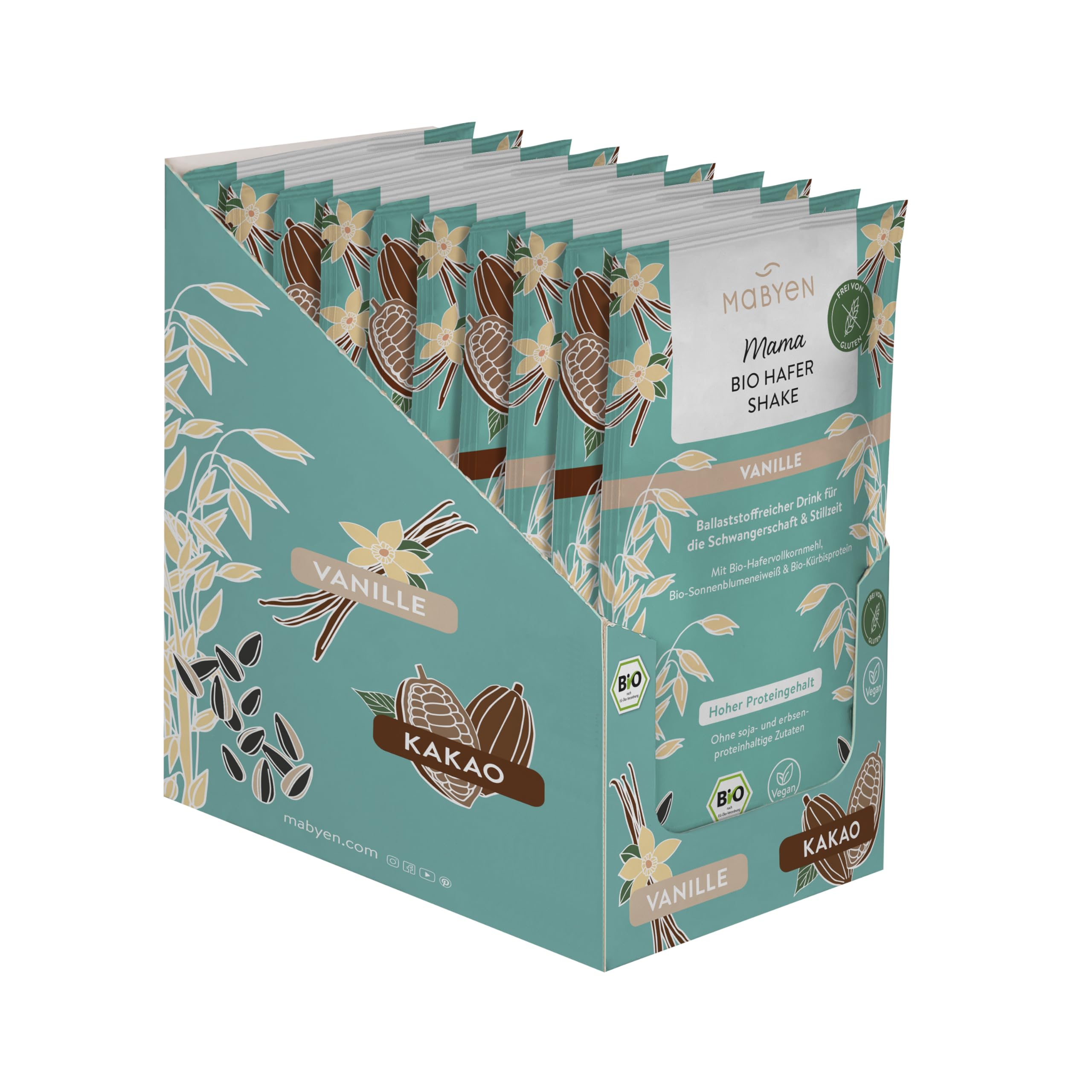 MABYEN Mama Bio Hafer Shake Vanille & Schoko – Protein Shake ohne Zucker & Süßungsmittel, vegan & glutenfrei, Haferpulver mit pflanzlichem Eiweiß, 10×30 g Portionen