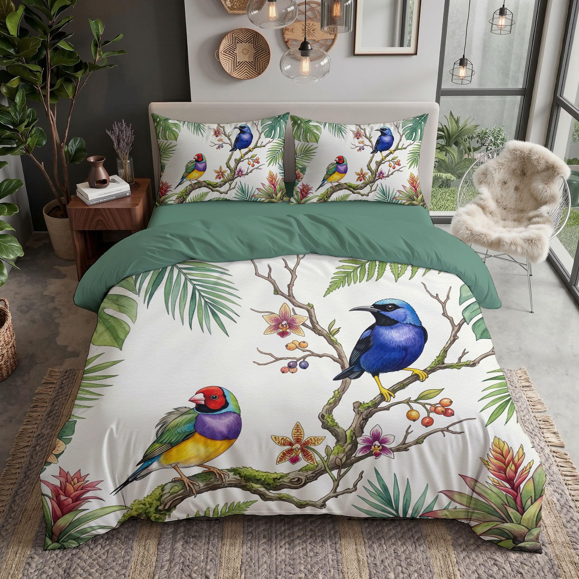Housse de couette monstera et perroquet pour créer une ambiance jungle chic