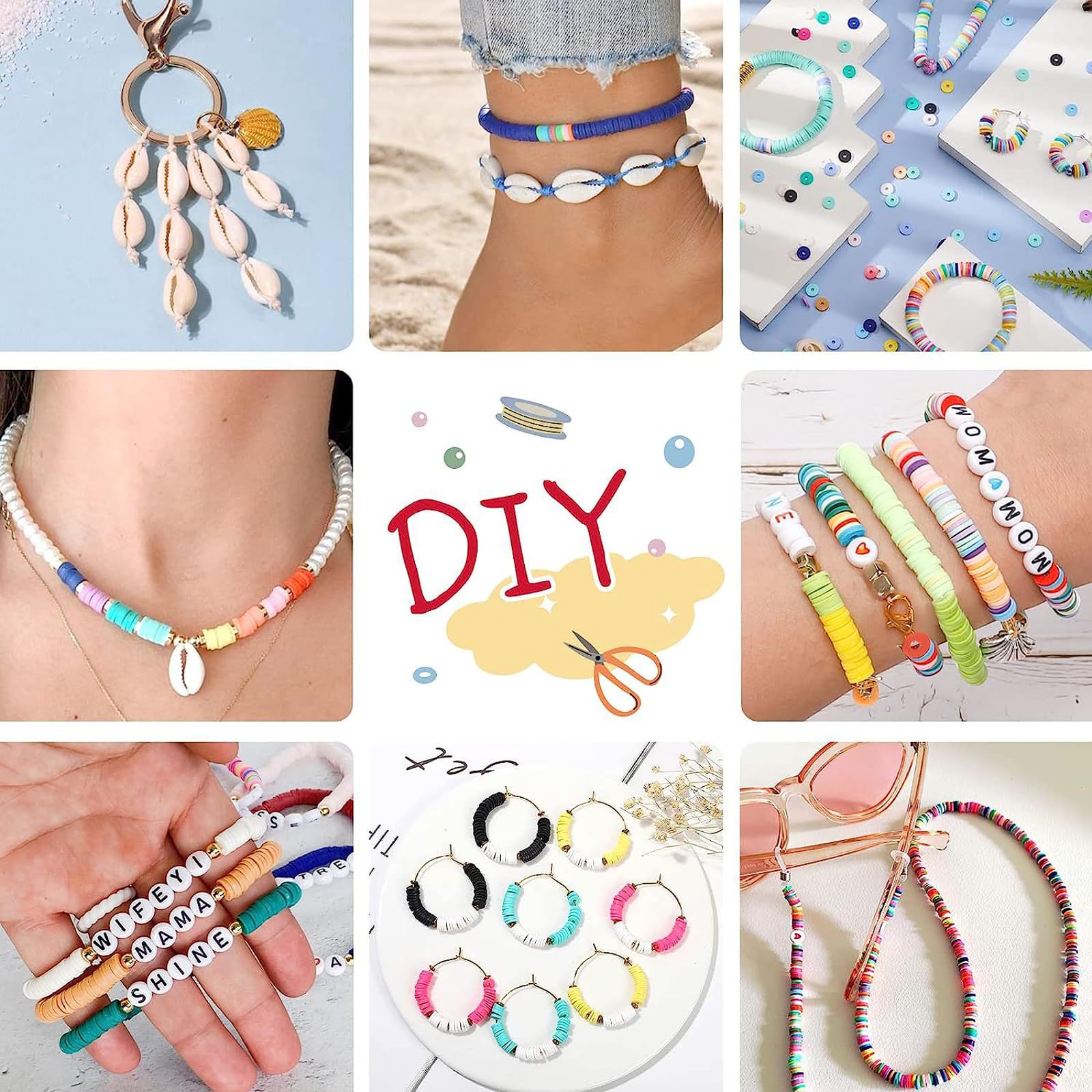 Qikuver Kit per la creazione di bracciali, 8230 perline in argilla, 60 colori, 3 scatole di perline per la creazione di gioielli, perline rotonde con lettere, cuori e motivi con ciondoli, braccialetti