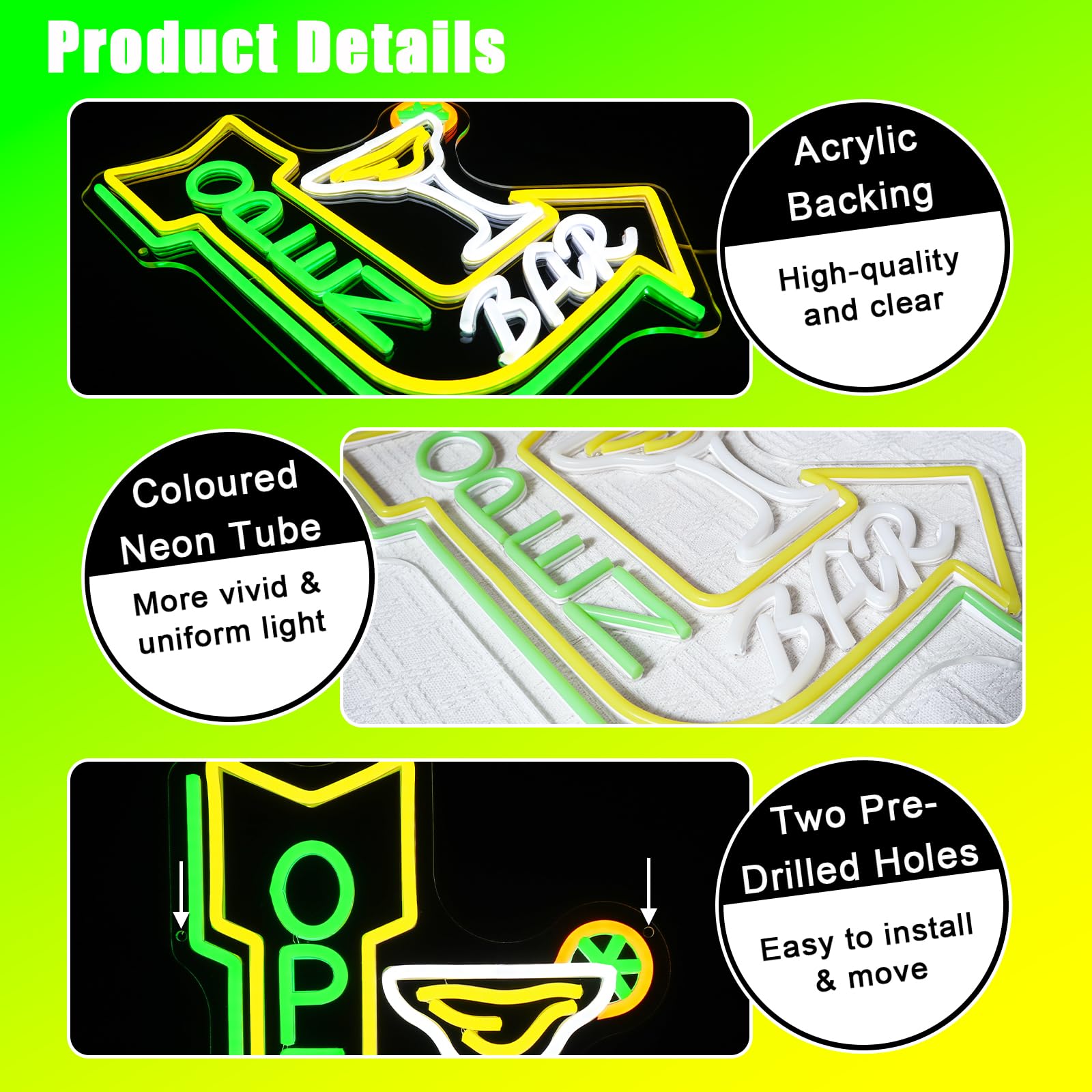 Panneau Néon Bar « Open » Led - Panneau néon mural à LED pour cocktails - Signe lumineux USB à intensité variable pour décoration de bar à bière, café, club, pub, grotte, fête, taverne