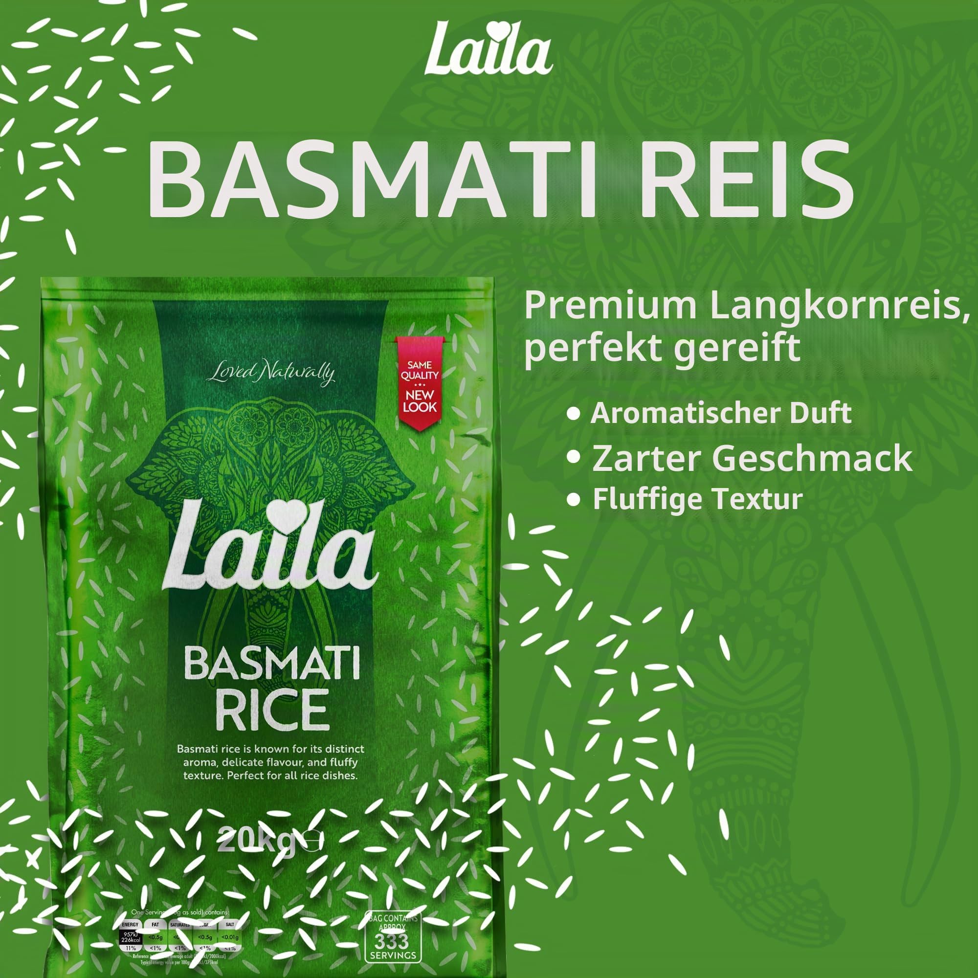 Laila Basmatireis 20 kg, aromatischer Reis im Basmati-Stil, 20 kg Basmatireis Langkorn für Biryani, Pilaw oder Pulao, glutenfreier Reis, 100% reiner Langkornreis