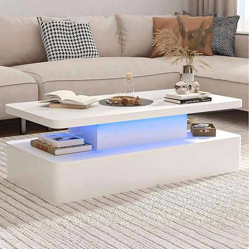 Miniatura 11 de Mesas modernas de sala de estar, mesa de centro LED con luces LED, mesa central rectangular de 2 niveles con gran almacenamiento, superficie de alto