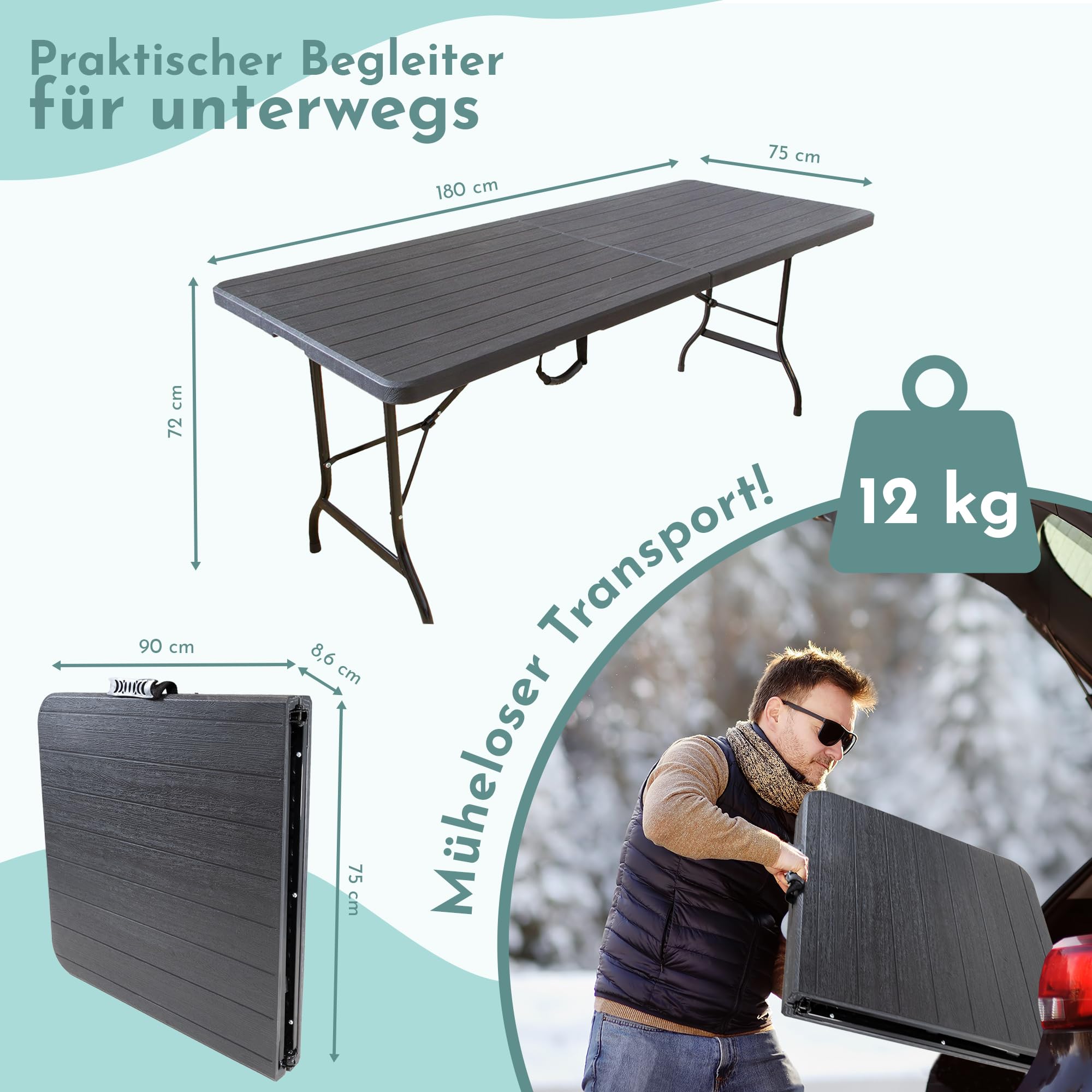 Lemodo Klapptisch 180 x 75 cm – klappbarer Gartentisch & Buffettisch bis 150 kg, Stabiler Partytisch in wetterfester Holzoptik schwarz, als Koffertisch mit Tragegriff platzsparend verstaubar