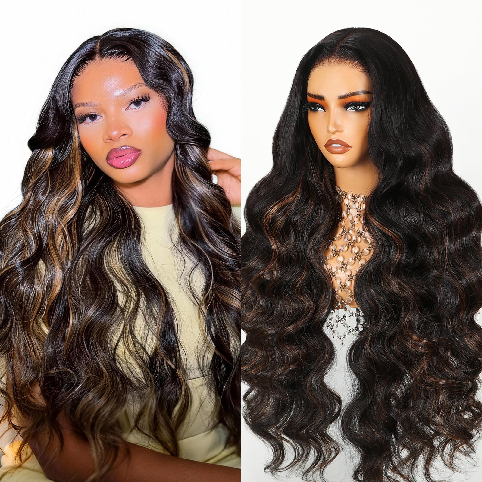 TESLAL P1B/30 Highlight Wear and Go Glueless Pre Cut Lace Body Wave 6X6 HD Lace Wig Premium Fiber Hair and Human Hair Blend Wig By Crafted Technology