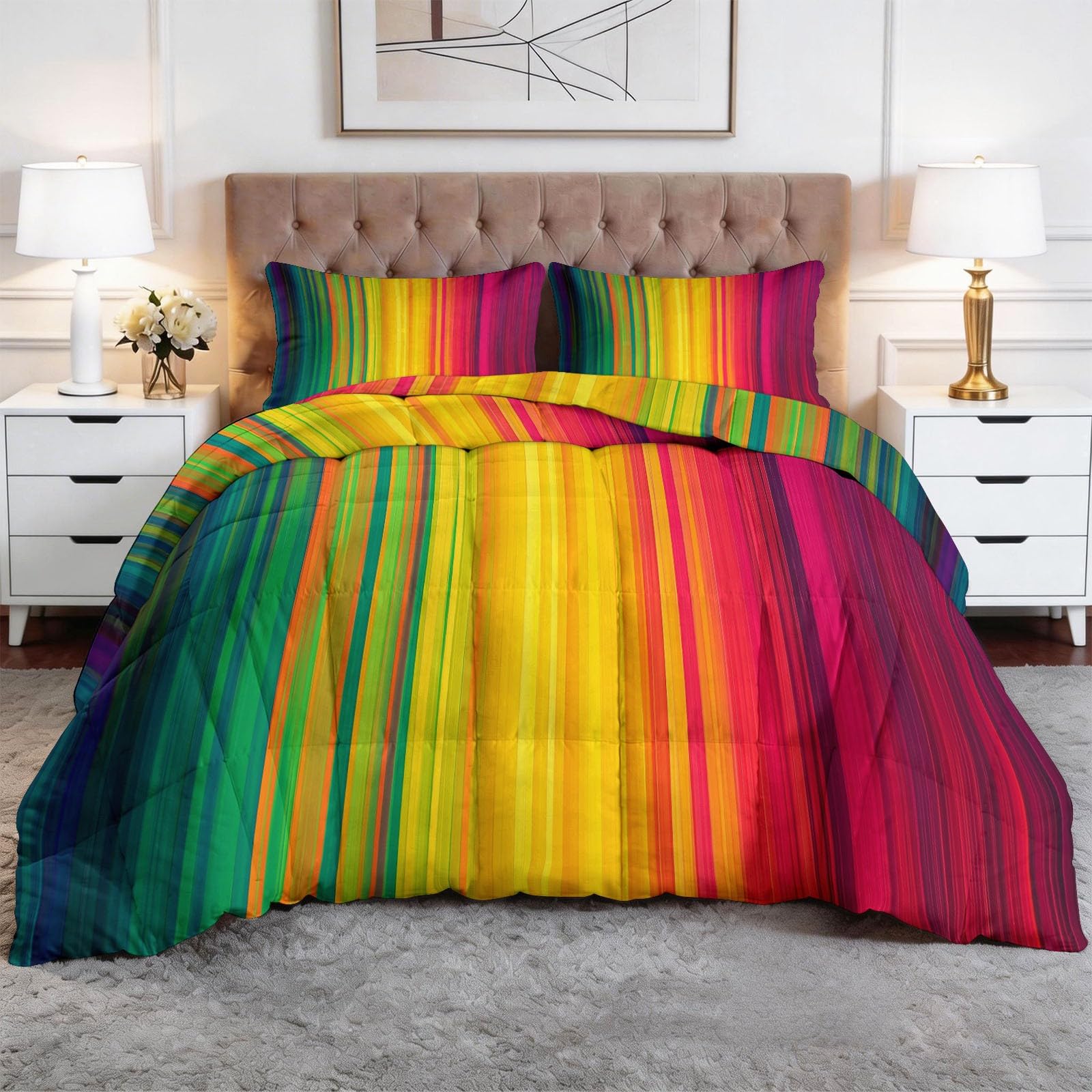 Edredón de rayas arco iris de 220 x 240 cm multicolor lavable para cama de matrimonio