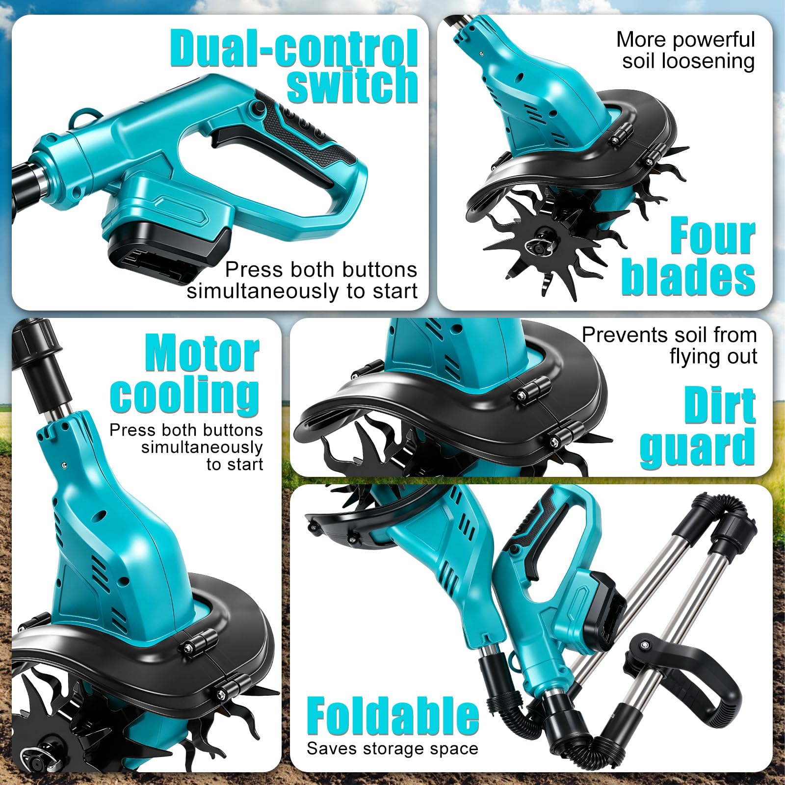 Akku-Bodenhacke Motorhacke für Makita 18V Akku, 16cm Bodenbearbeitungstiefe 23cm Bearbeitungsbreite, Gartenfräse mit 360 U/min Bürstenloser Motor, Elektro Motorhacke für Garten und Rasen (Ohne Akku)