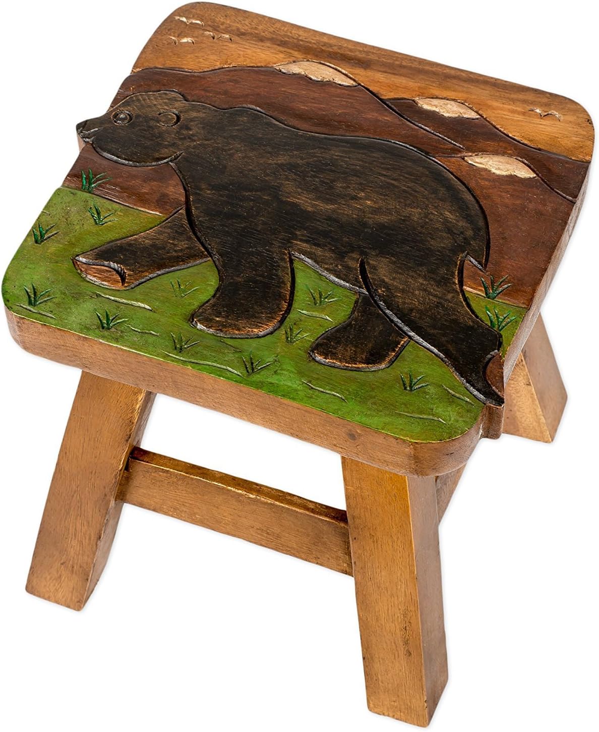 Bear in Mountains Design Hand Carved Acacia Hardwood Decorative Short Stool