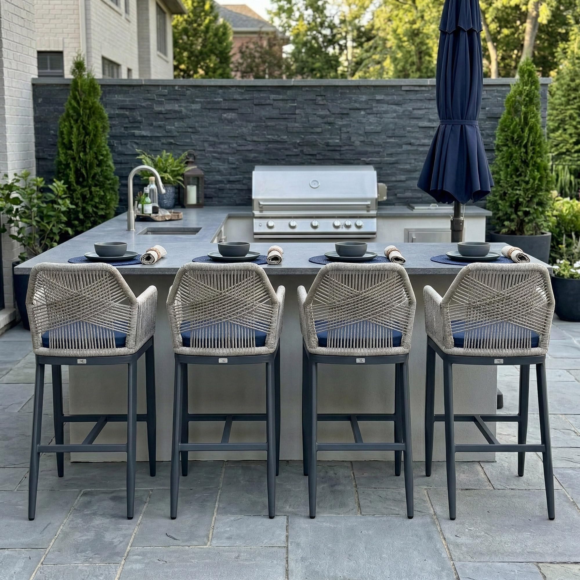 PURPLE LEAF Bar Height Stools Set of 4 with Arms, Back &amp; Cushion, Dark Grey