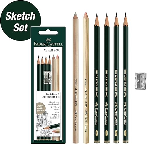 Miniatura 7 de Faber-Castell Set de bocetos y accesorios - Castell 9000 lápices de grafito y lápices de borrador - Lápices de arte para dibujar y sombrear