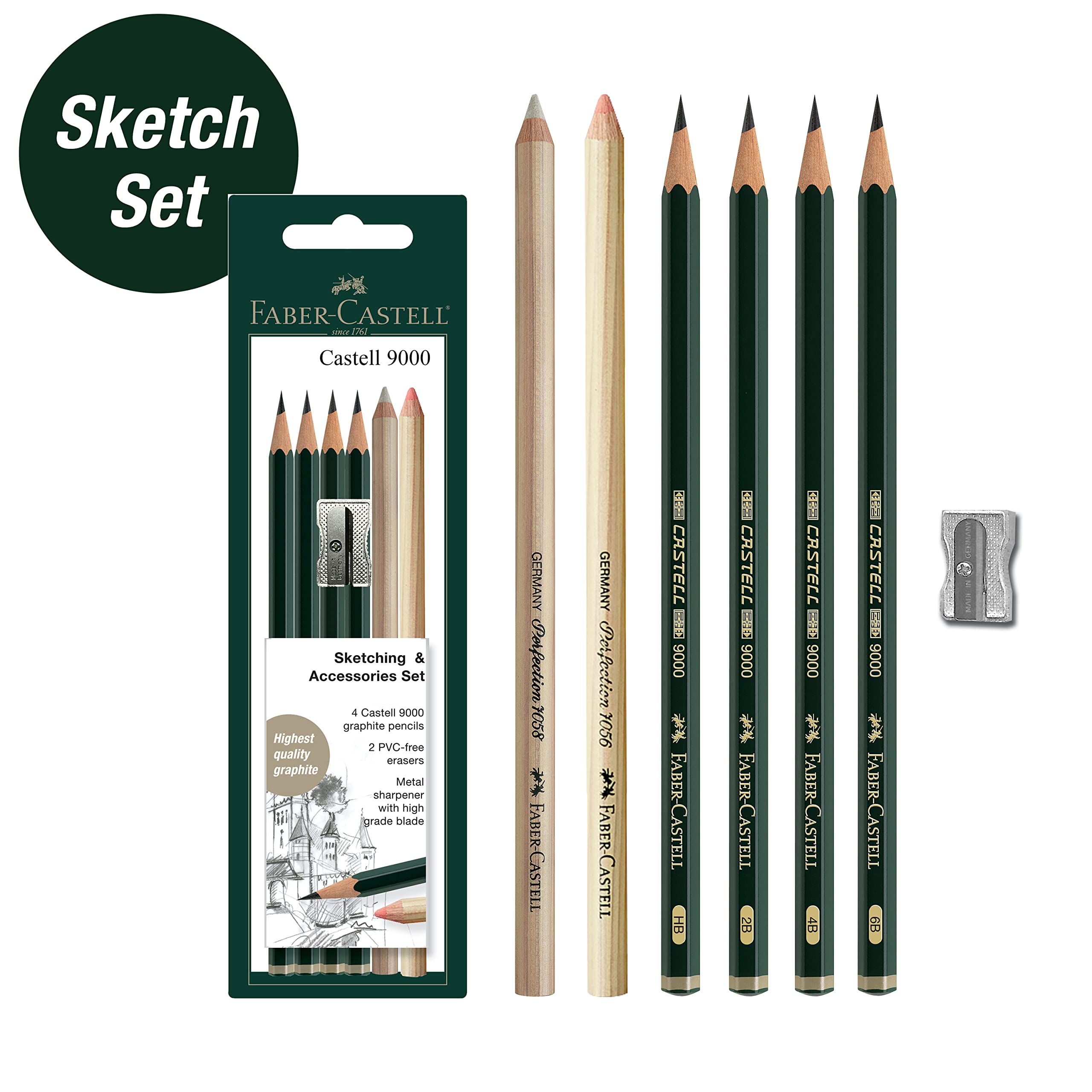 Faber-Castell Skizzen- und Zubehör-Set – Castell 9000 Graphitstifte und Radiergummis – Kunststifte zum Zeichnen und Schattieren
