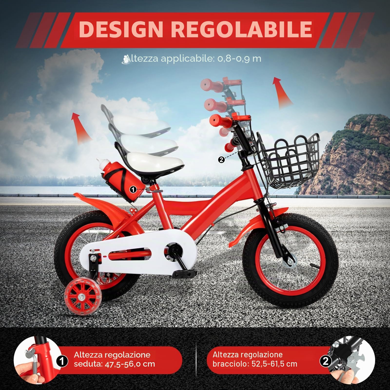 Bicicletta per bambini, 12 pollici, universale, per principianti, con ruote di supporto e bottiglia d'acqua, adatta per bambini, da 2,62 – 3,11 ft in (rosso)