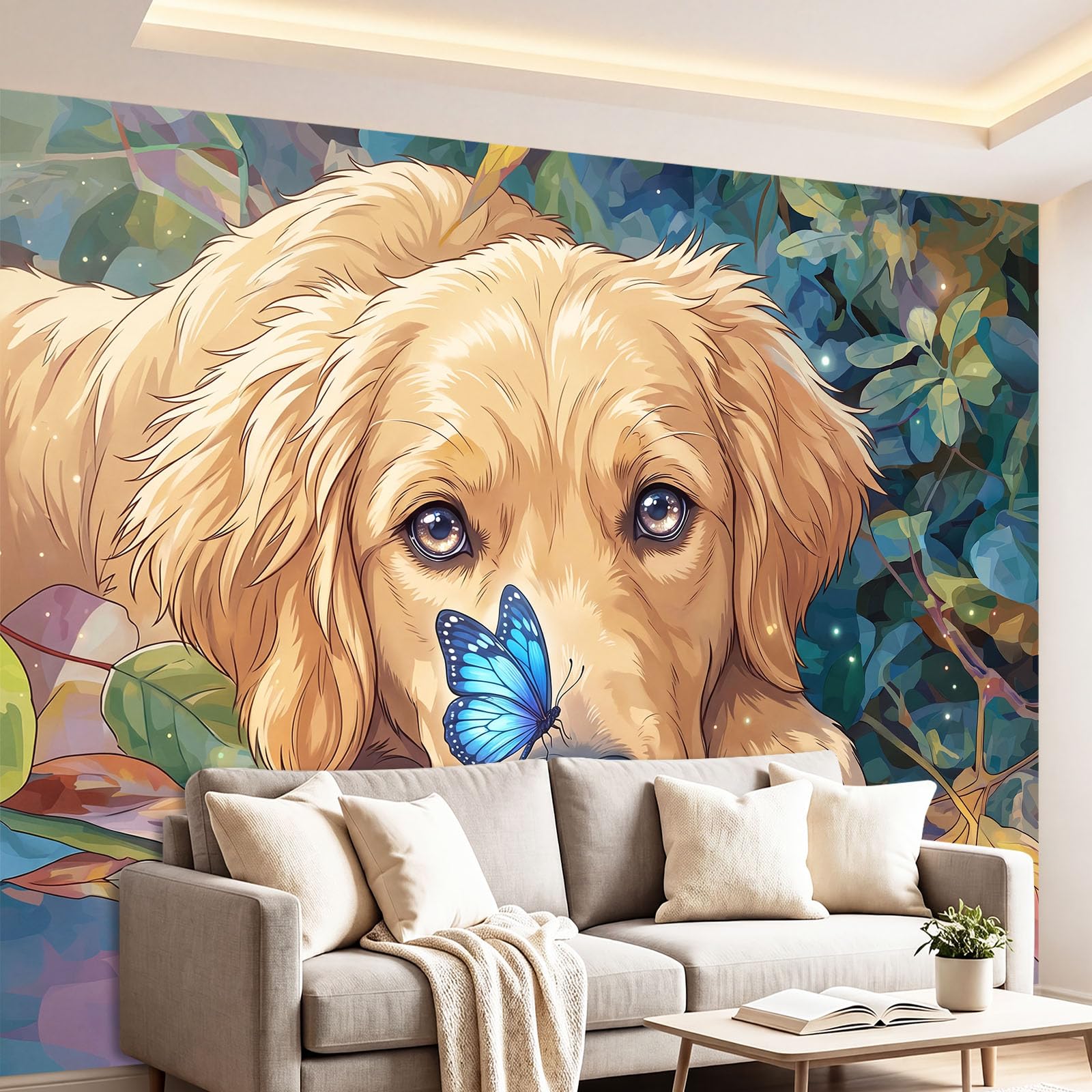 Fototapeta ścienna z włókniny 3D, Golden Retriever, motyl opadłe liście, niestandardowa, panoramiczna dekoracja ścienna, akwarela, przytulny design, do salonu, kuchni, sypialni, 200 x 140 cm (szer. x