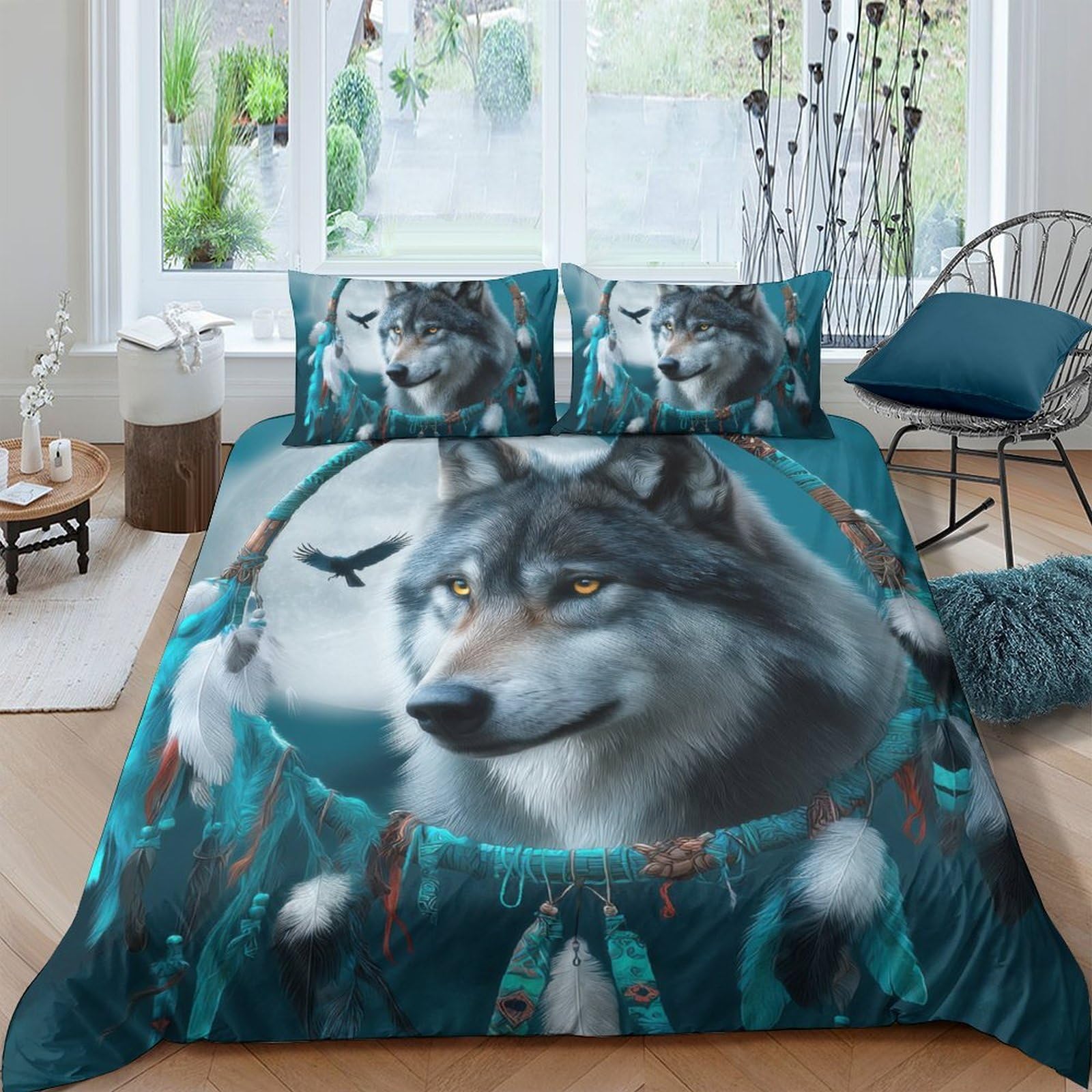 Ctjqhvkz Style-3 3D Printed Wolf Dreamcatcher Fitted Sheet Microfiber Soft Blue Animal Bed Cover For Bedroom Guest Room Mattress Decor Single（135X200cm）