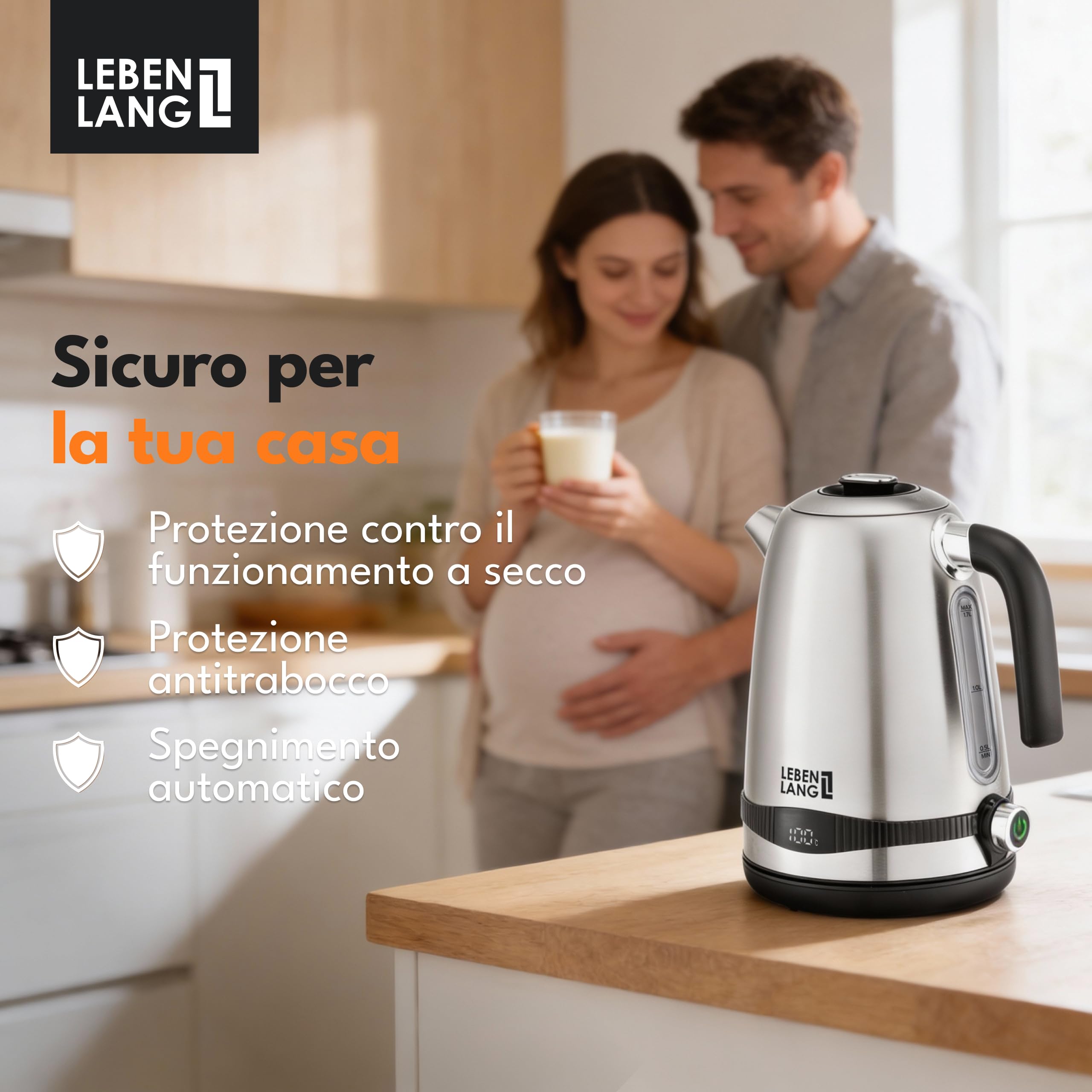 LEBENLANG Bollitore acqua elettrico acciaio inossidabile - 1,7 Litri & 2200W bollitore elettrico temperatura regolabile | silenzioso e con display | Bollitore Elettrico | Retro senza plastica | 2200W bollitore elettrico temperatura regolabile I silenzioso