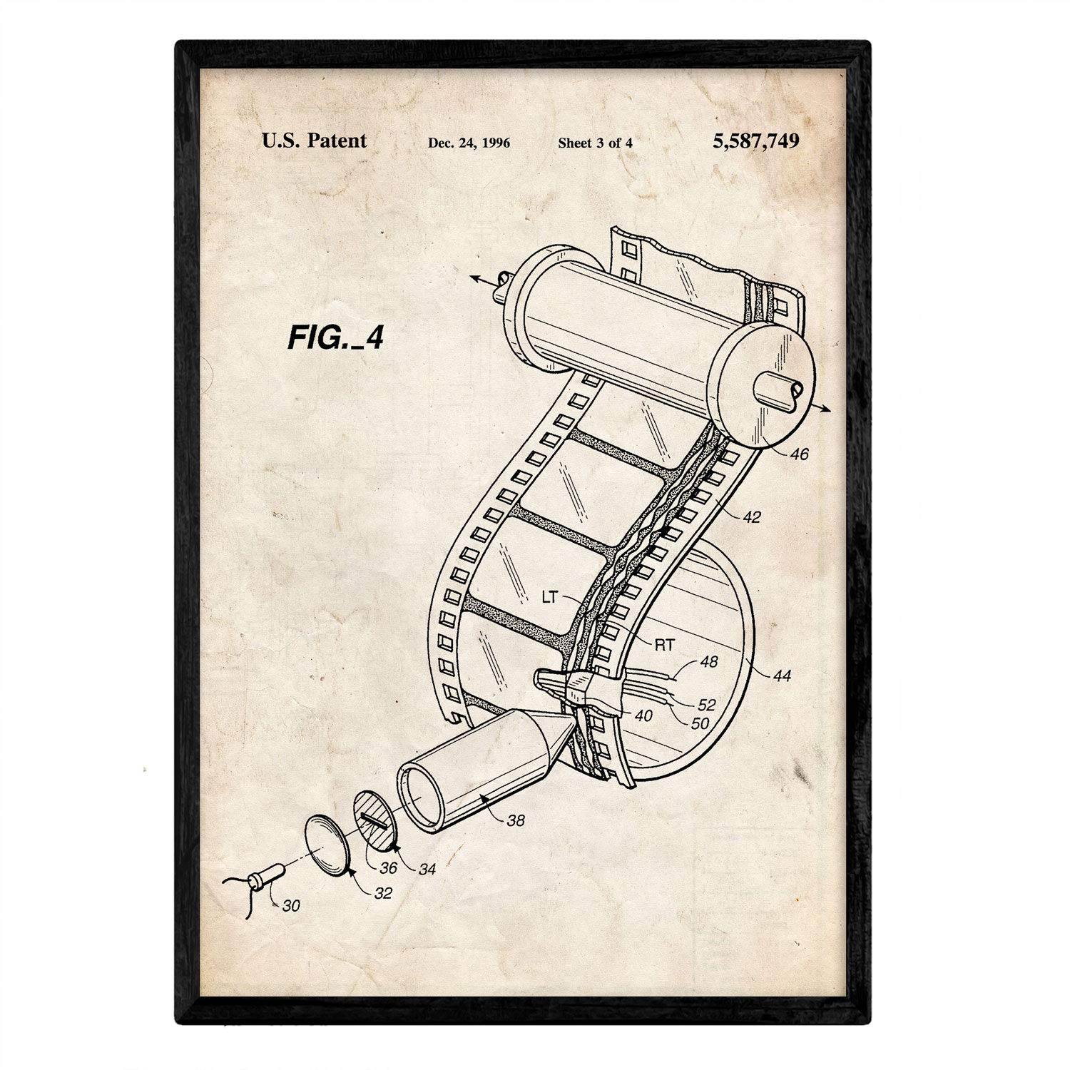 Nacnic Poster patent reel camera. Sheet with old design patent in A3 size and vintage background